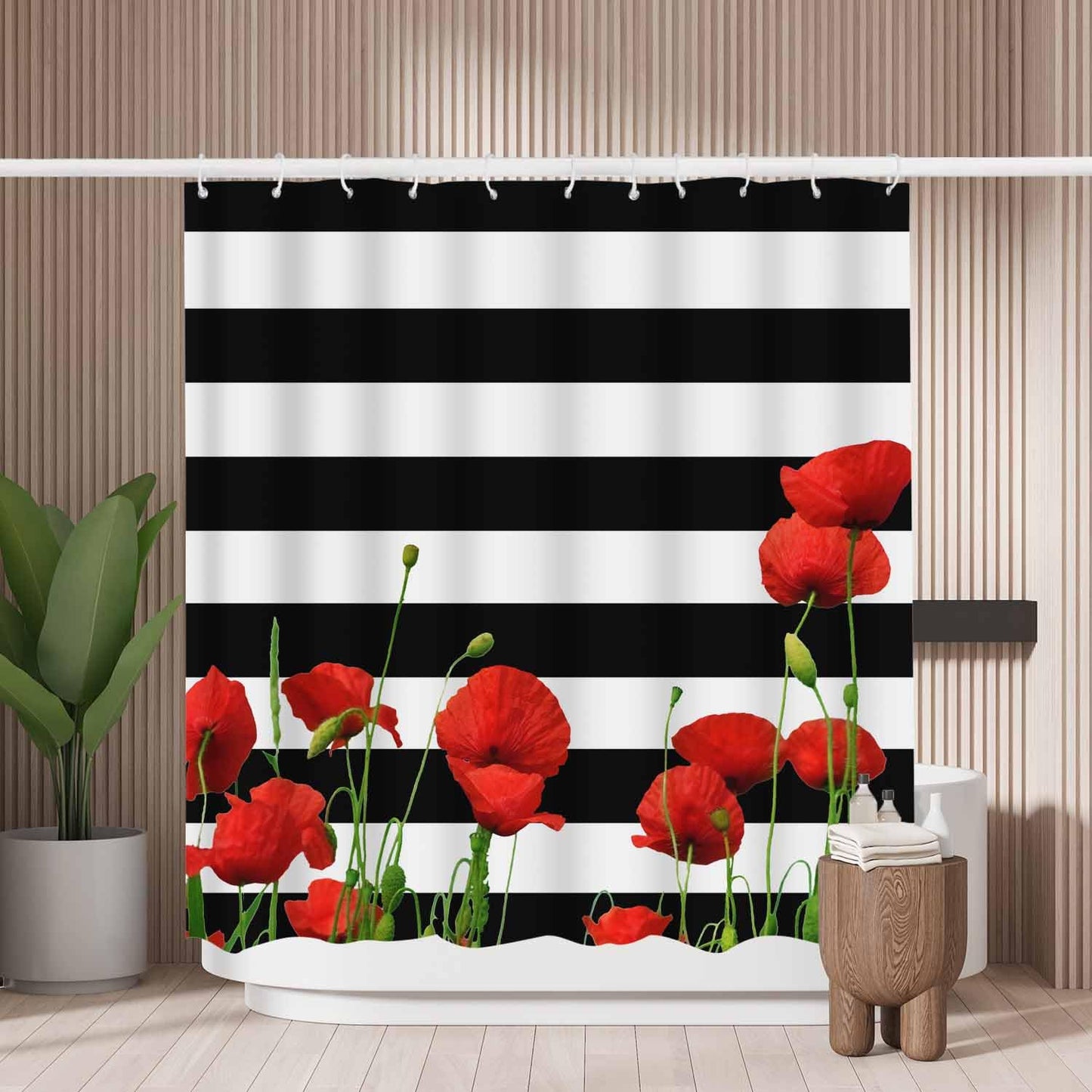 Woutay Shower Curtain Water Repellant Fabric Red Poppy Flowers on Zebra Lines,Mould Proof Resistant,Polyester,with 12 Plastic Hooks