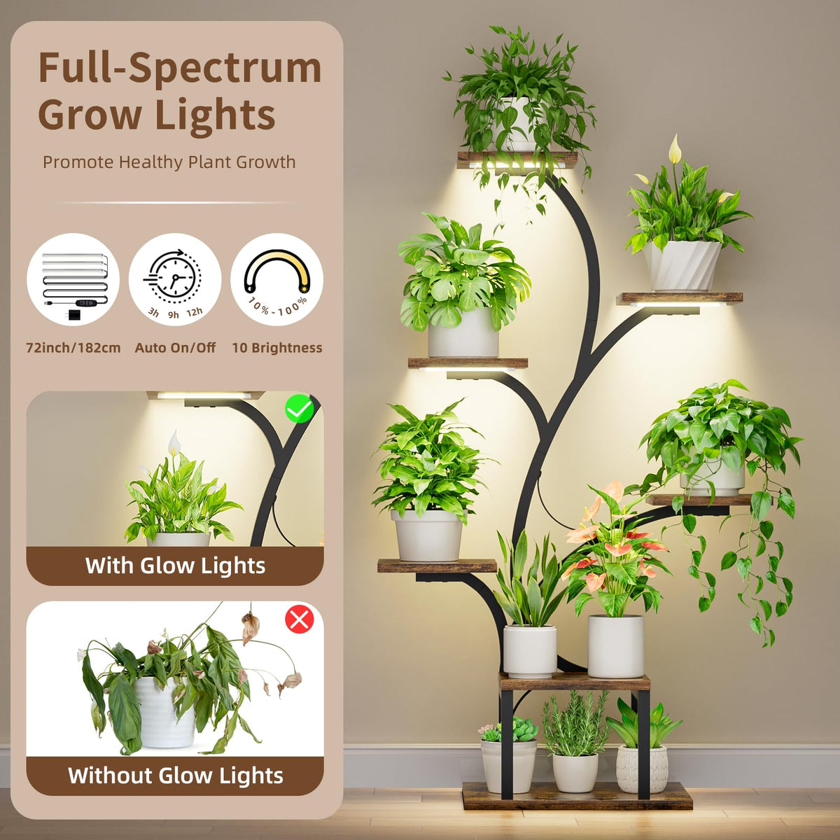 BACEKOLL Plant Stand With Grow Lights, 7 Tiered Indoor Plant Shelf, 49" Corner Plant Stands, Metal Flower Display Shelves, Tree-Shaped Plant Rack for