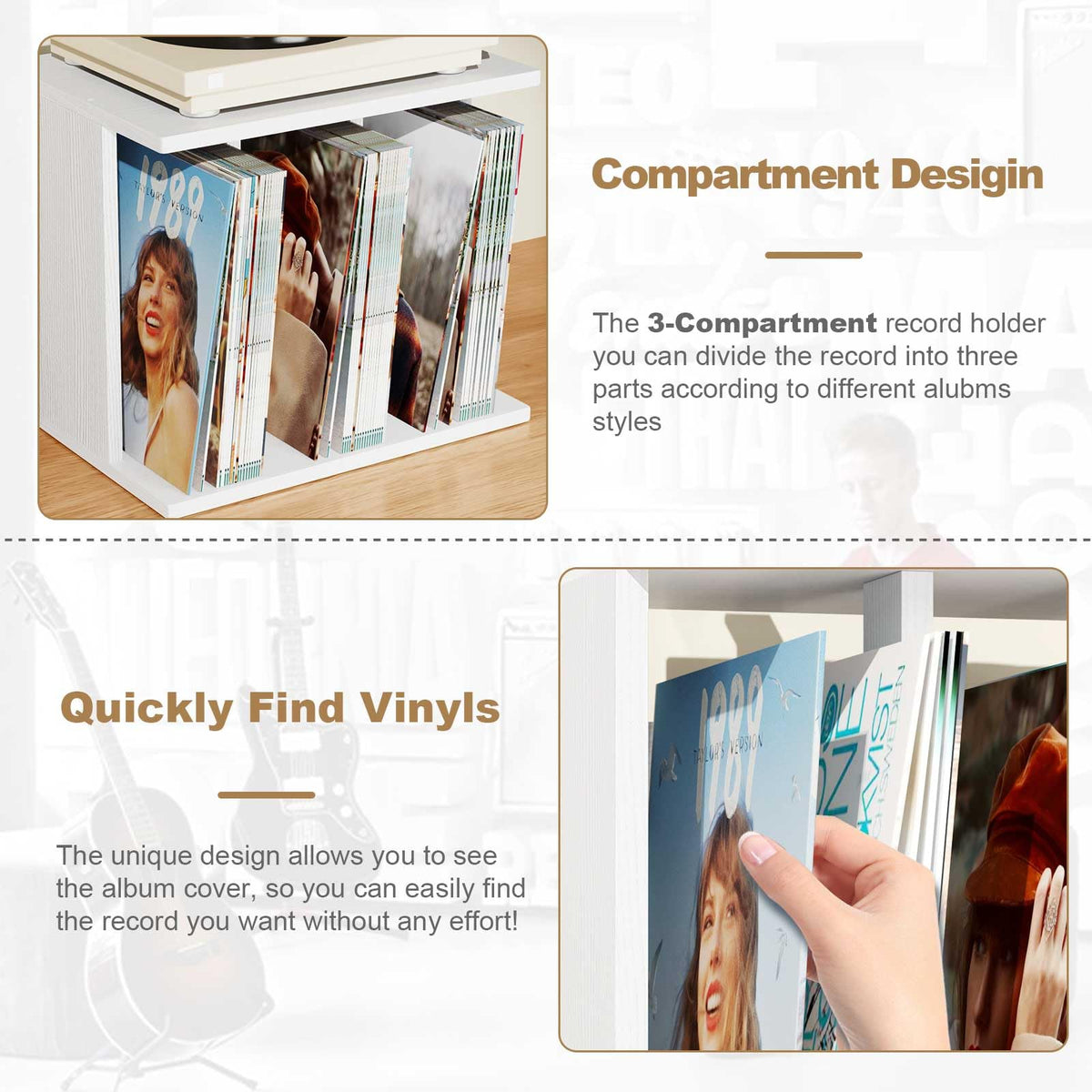 Emfogoo Vinyl Record Storage Wall Mounted Holds 100 LP Albums, 3-Tier Organizer Cabinet with Wall Mount