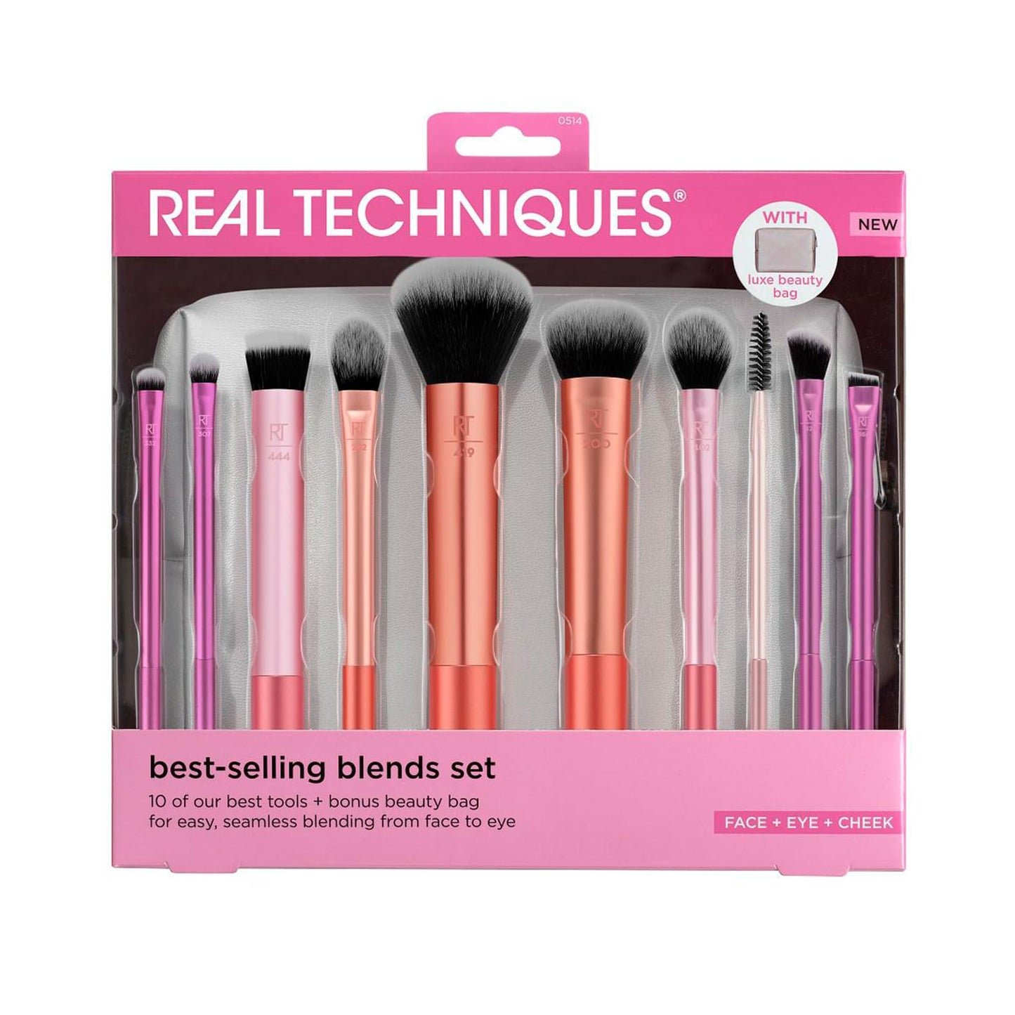 Real Techniques Blends Set, 10-Piece Makeup Brush Collection with Beauty Bag for Face and Eye, Use with Liquid, Cream, or Powder, Vegan, Cruelty-Free,