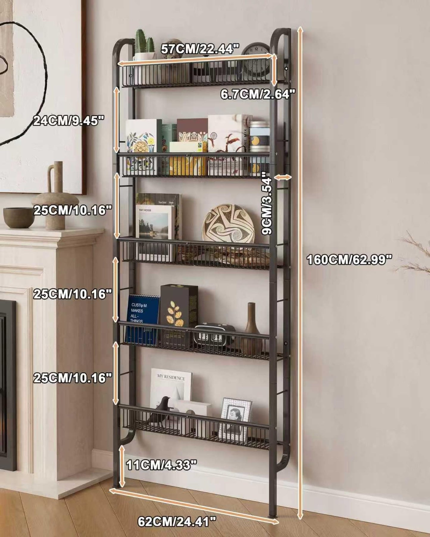 UMDONX Narrow Metal Storage Shelf Behind Door Book Organiser 5 Tier