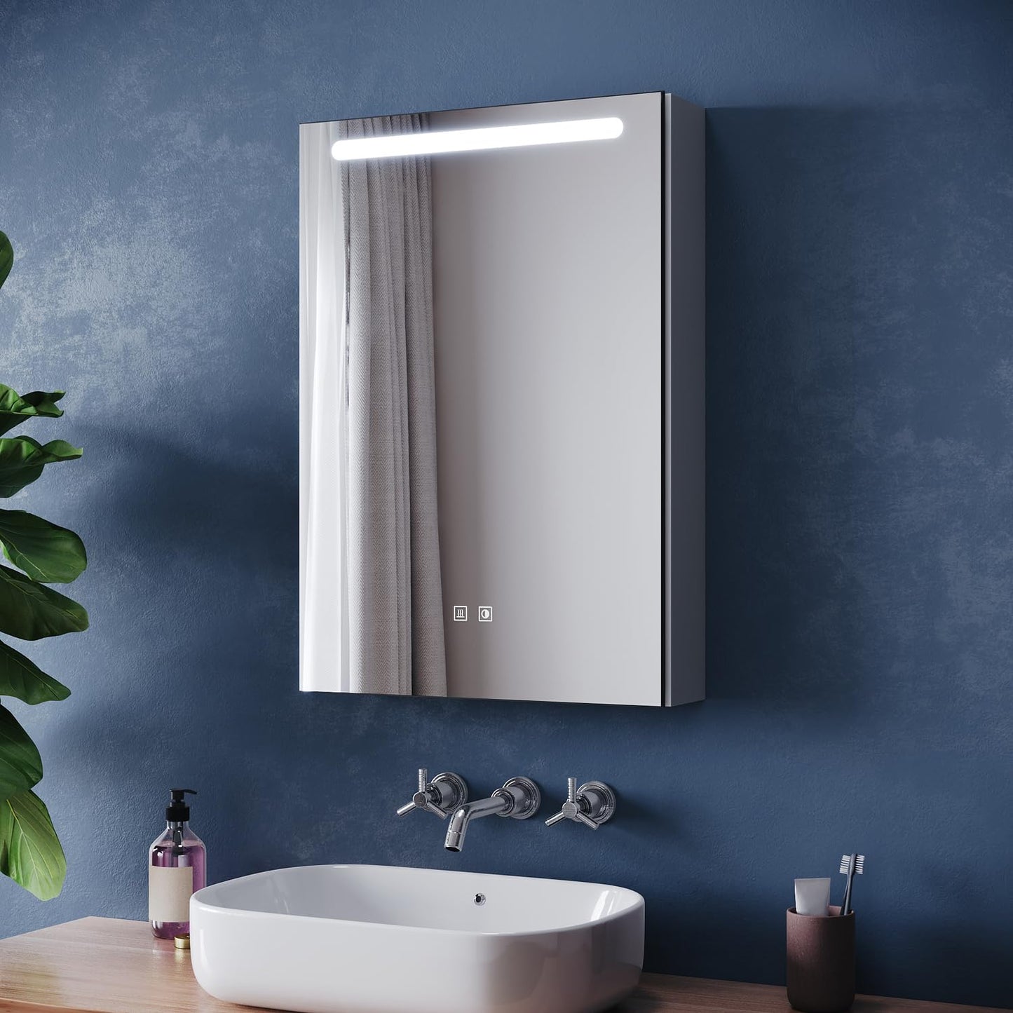 ZANOFIRA Bathroom Mirror Cabinet with LED Lights and Shaver Socket, 485x700mm Fully Assembled Wall-Mounted Mirror Storage Cabinet with 3 Colors