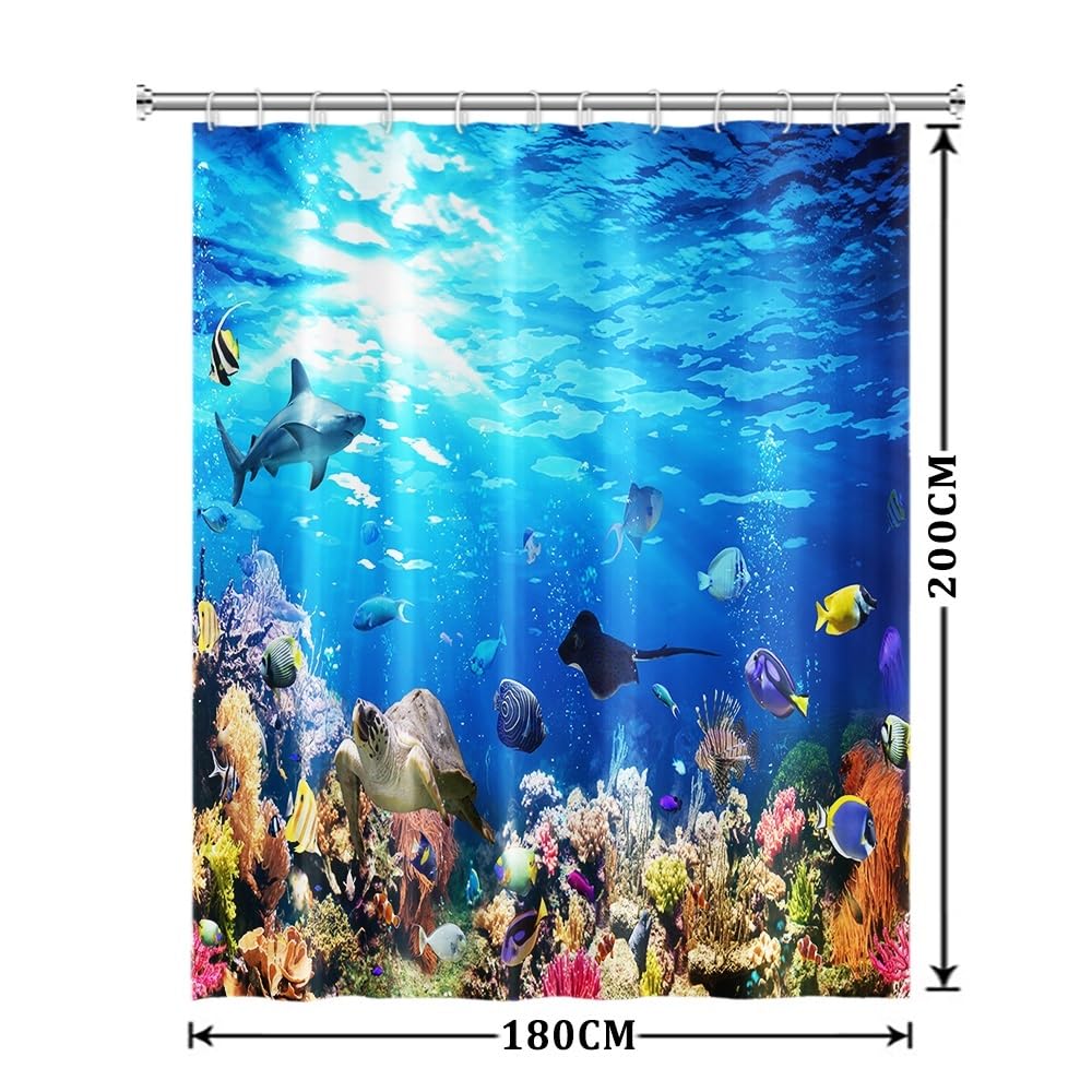 Xiaoterna Marine Life Shower Curtain 3D Under The Sea Ocean Animals Bathroom Curtain Ocean Underwater Fish Dolphin Turtle Shark Washable Shower