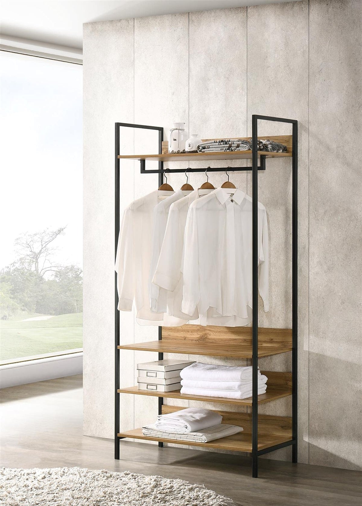 Timber Art Design UK Zahra Double Open Wardrobe Cupboard with 4 Shelves Storage Unit Clothes Rail Stand Rack Modern Furniture For Bedroom Living Room