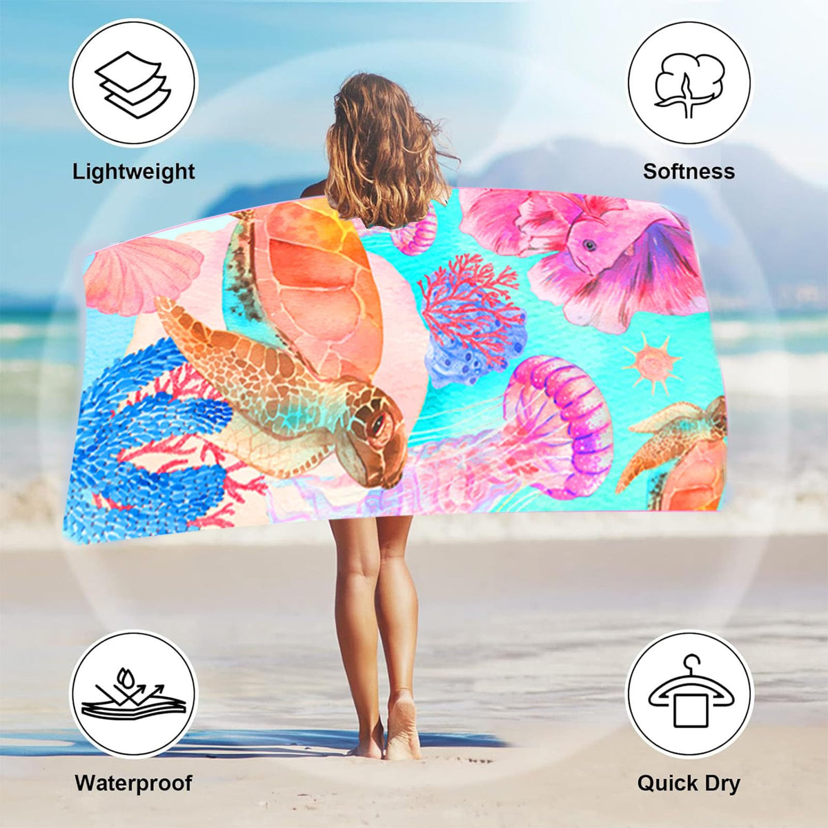 Large Thin Microfibre Beach Towel with Bag for Adult Men Women,160x90cm Pink Turtle Beach Towels Quick Dry Sand Free Lightweight Swim Bath Towel for