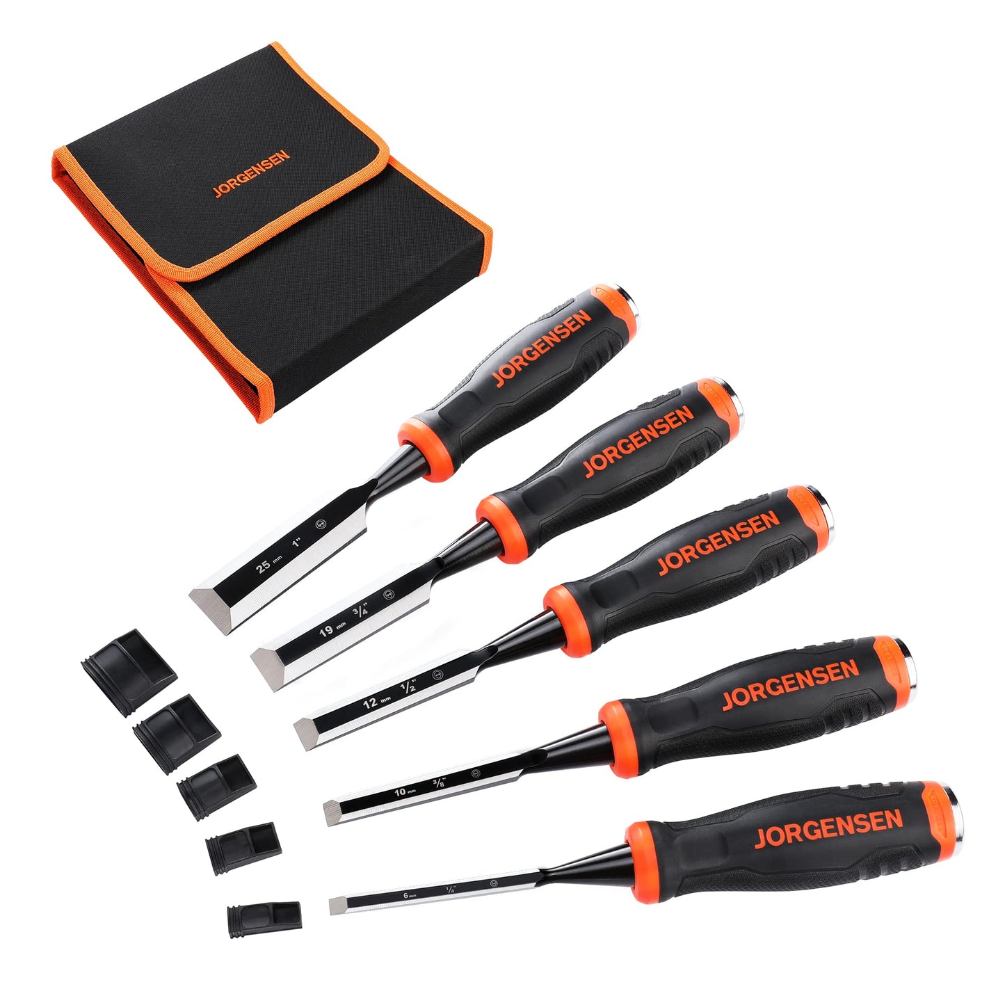 JORGENSEN Wood Chisel Set, 5 Pieces Wood Carving Chisels (6 mm, 10 mm, 12 mm, 19 mm, 25 mm), Cr-V Bevel Edge Chisels with Steel Strike Caps,