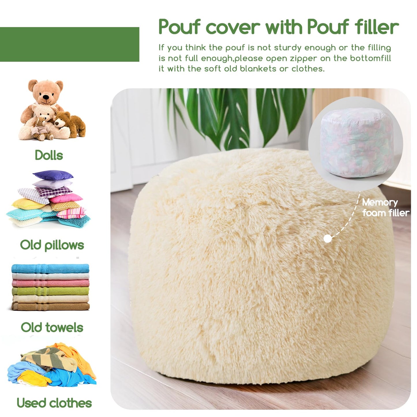 HIGOGOGO Faux Fur Beanbags Round Footstool Bean Bag Pouf with Foam Chunk Filling, 65 x 45 cm Floor Poufs Foot Rest for Living Room, Beige