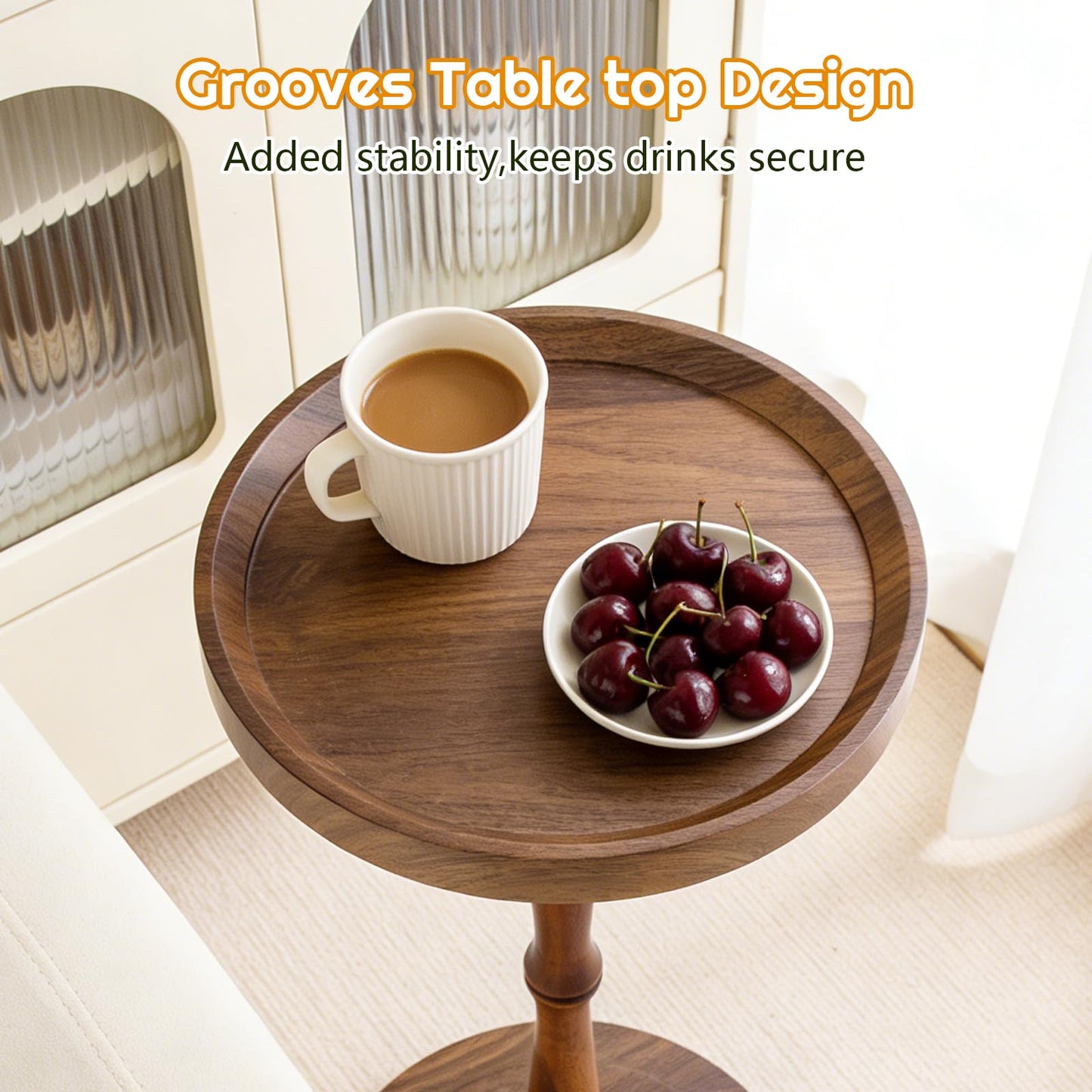 Simcat Round Side Table Bamboo Joint Design, Small Round Coffee Table for Small Spaces with Solid Wood Leg for Living Room, Bedroom, Corners