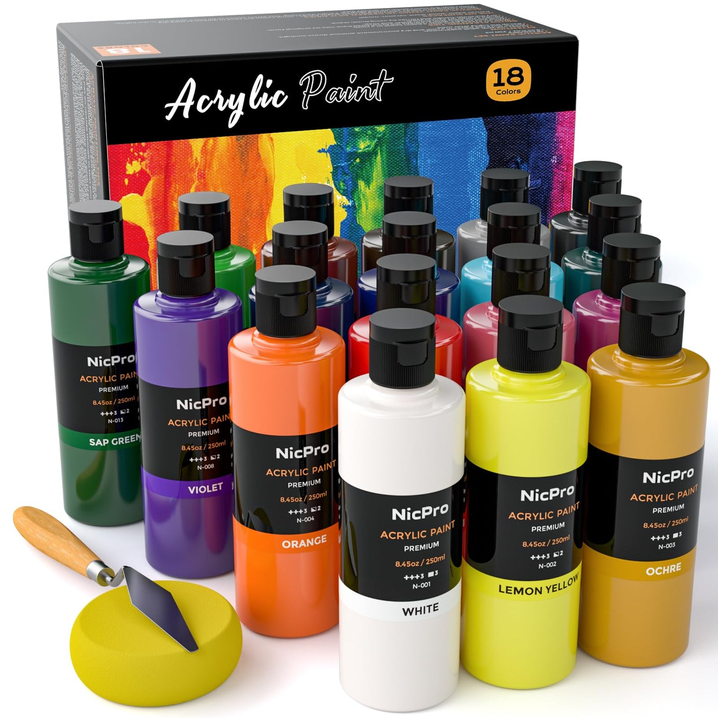 Nicpro 18 Colors Large Acrylic Paint Set, 8.45 oz./ 250 ml Artist Painting Supplies Bulk Non-Toxic For Multi Surface Canvas, Wood, Fabric, Leather,