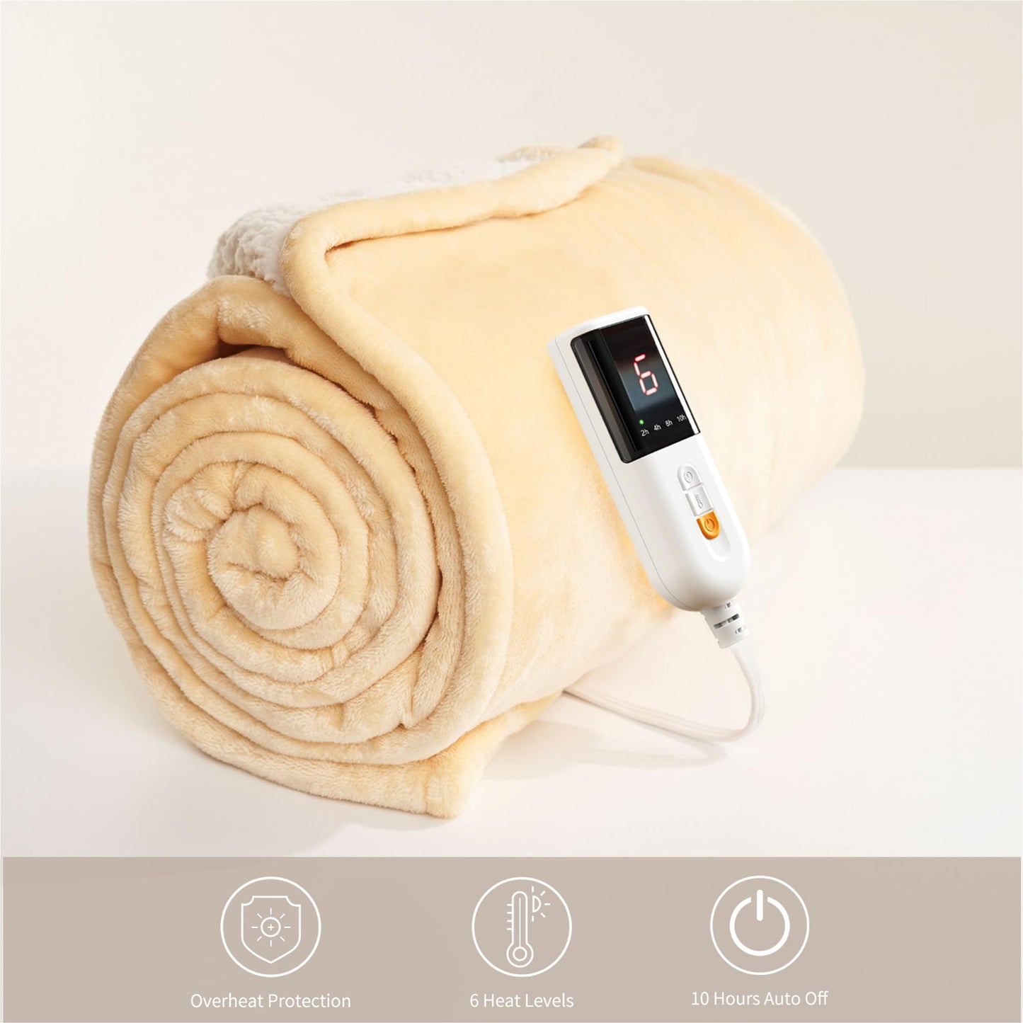 GOTCOZY Heated Blanket Electric Throw 130x160cm -Soft Silky Plush Heated Blanket with 6 Heat Settings & 10 Hours Auto-Off Timer For Home Office Use