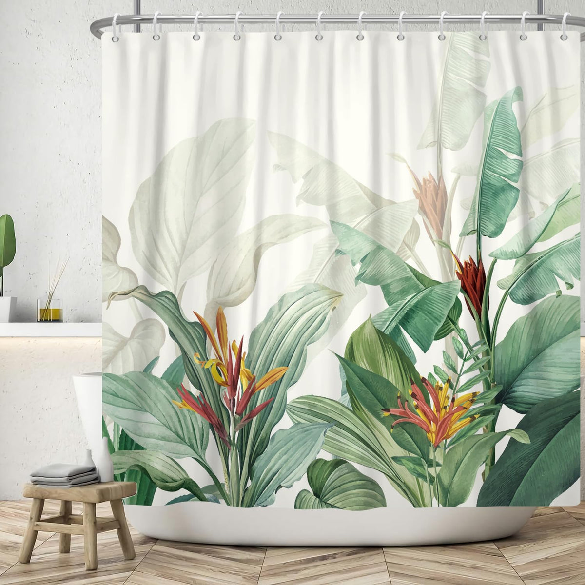 ASDCXZ Leaves Shower Curtain 180x180 cm, Hand Painted Tropical Green Leaves Red Yellow Flowers White Bath Washable Shower Curtains Polyester Textile