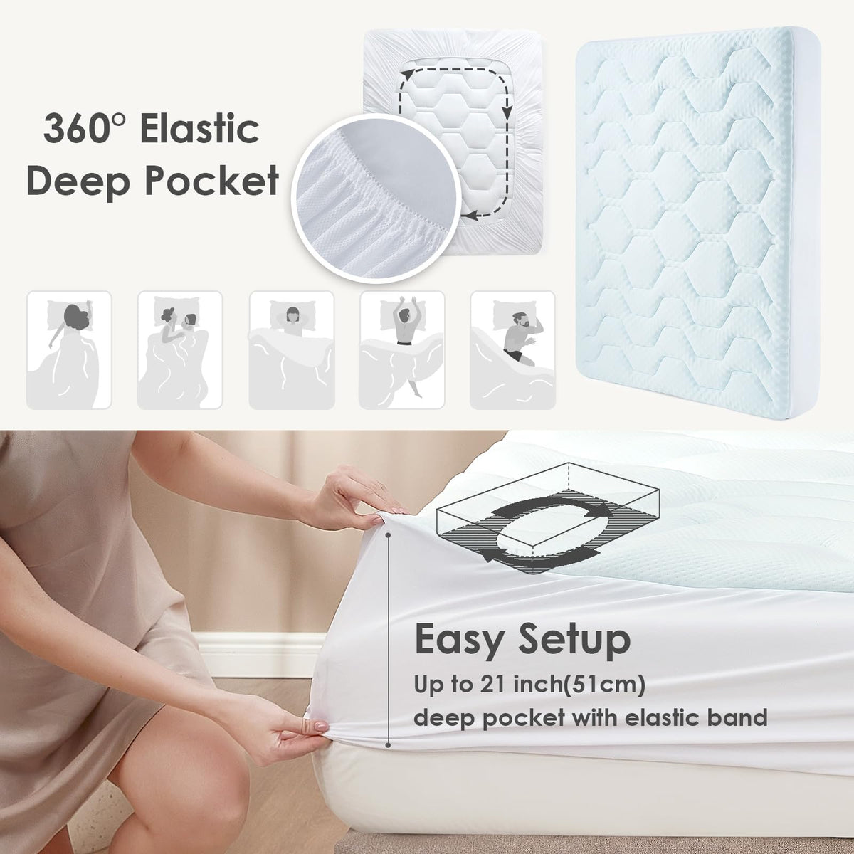 EHEYCIGA Memory Foam Mattress Topper Kingsize Bed, Gel Mattress Pad with Extra Deep Pocket, Breathable Mattress Cover, 150x200x3cm, White