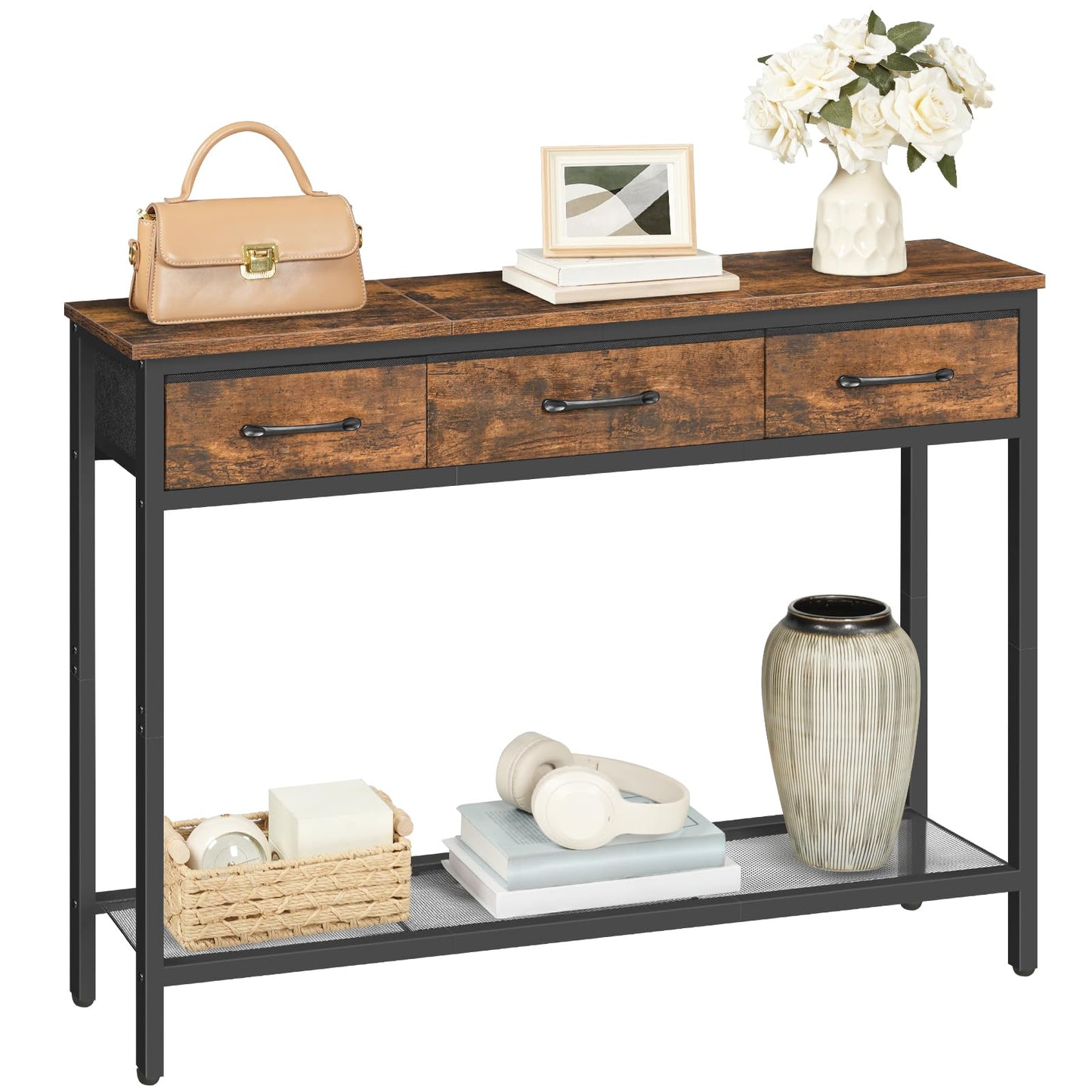 MAHANCRIS Console Table with 3 Fabric Drawers, Narrow Console Table with Open Shelf, 97 cm L Slim Entryway Table, Couch Table, for Hallway
