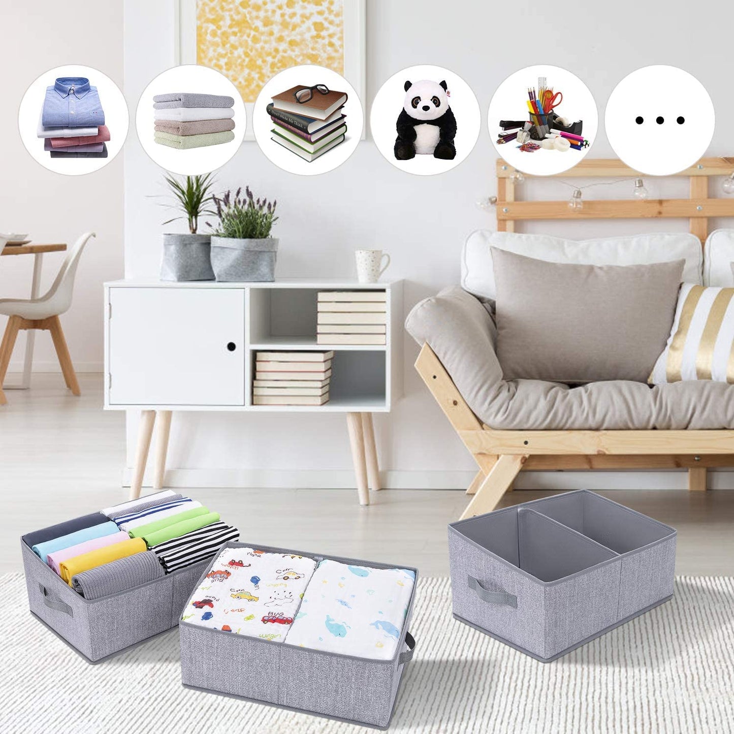 DIMJ 3 Pack Storage Boxes with Compartment, Foldable Storage Basket with Reinforced Handle