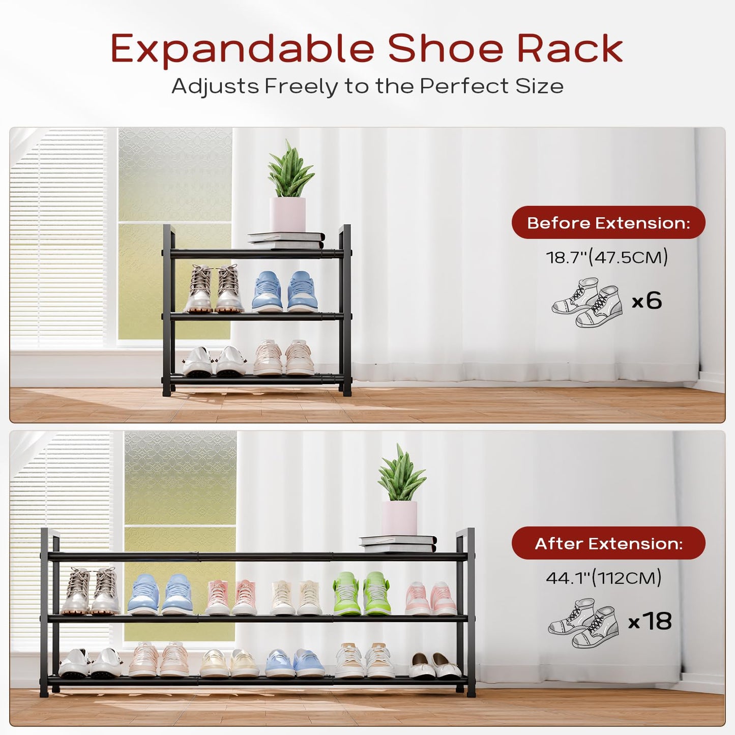 Bumusty 3 Tier Long Expandable Shoe Rack, Black