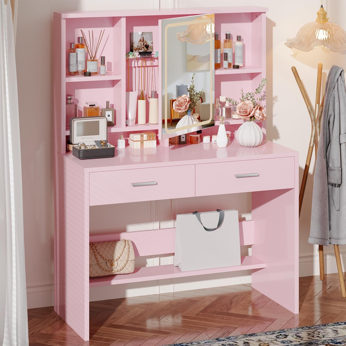 JUMMICO Dressing Table with LED Lighting,Vanity Table with Mirror and Jewelry Hooks,3 Colors Adjustable Brightness,Makeup Desk with 2 Drawers and 4