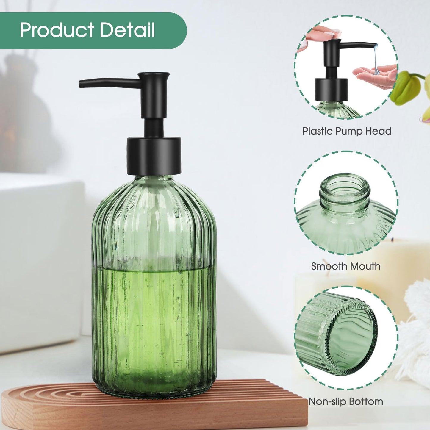 Topsky Glass Soap Dispenser with Black Plastic Pump, 400ml Army Green