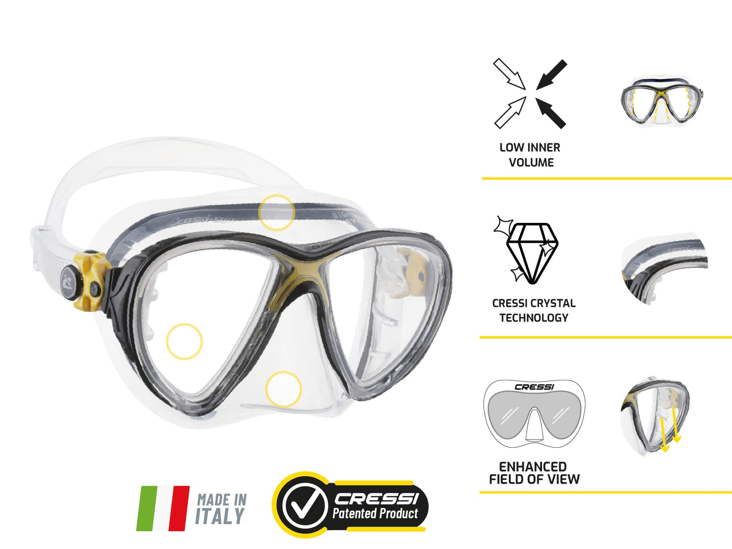 Cressi Big Eyes Evolution Plus Kappa Ultra Dry Combo Diving Set (Made in Italy), Clear/Yellow