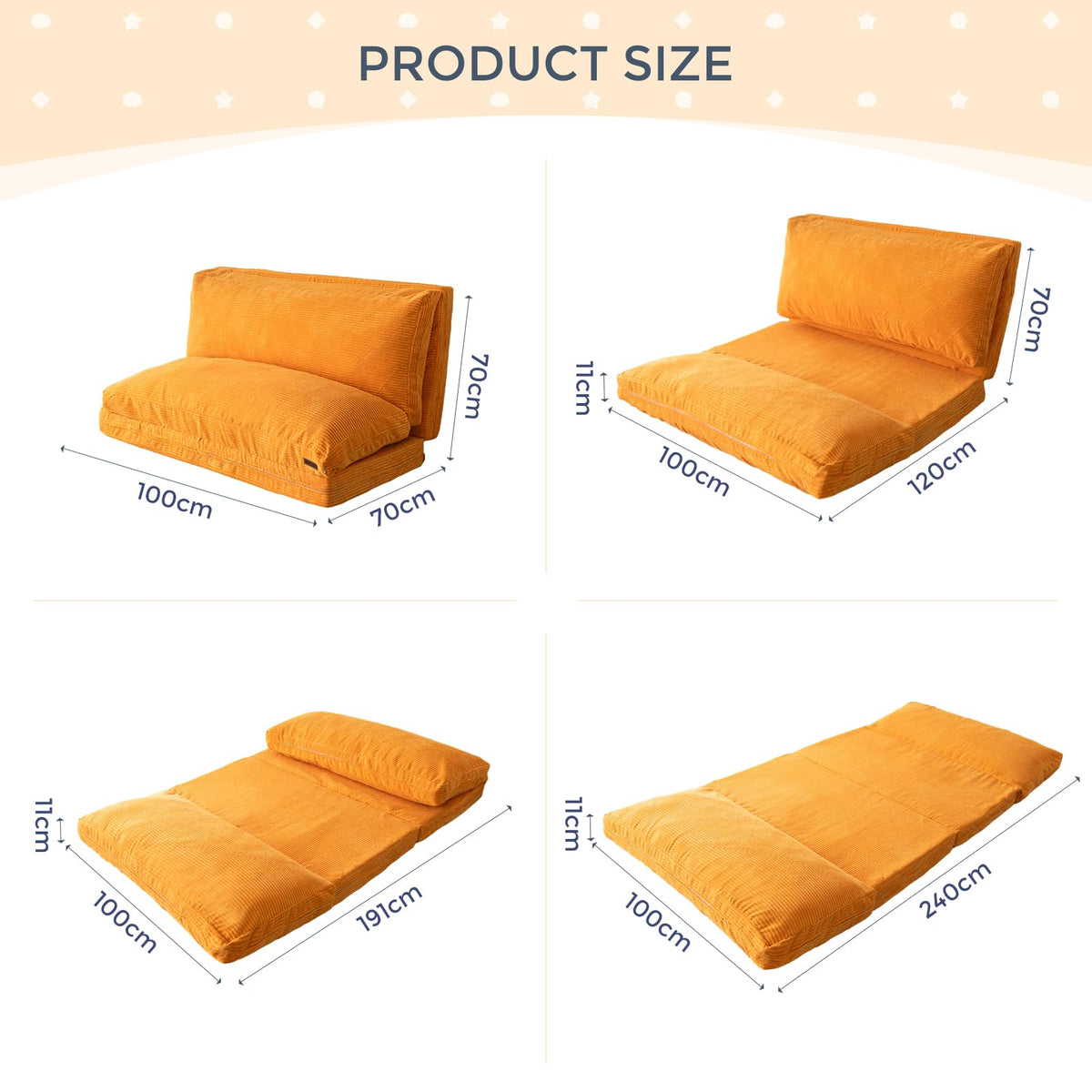 MAXYOYO Folding Corduroy Sofa Bean Bag Bed Chair Foam Filling Extra Thick 4 Fold Floor Couch Matress for Adults