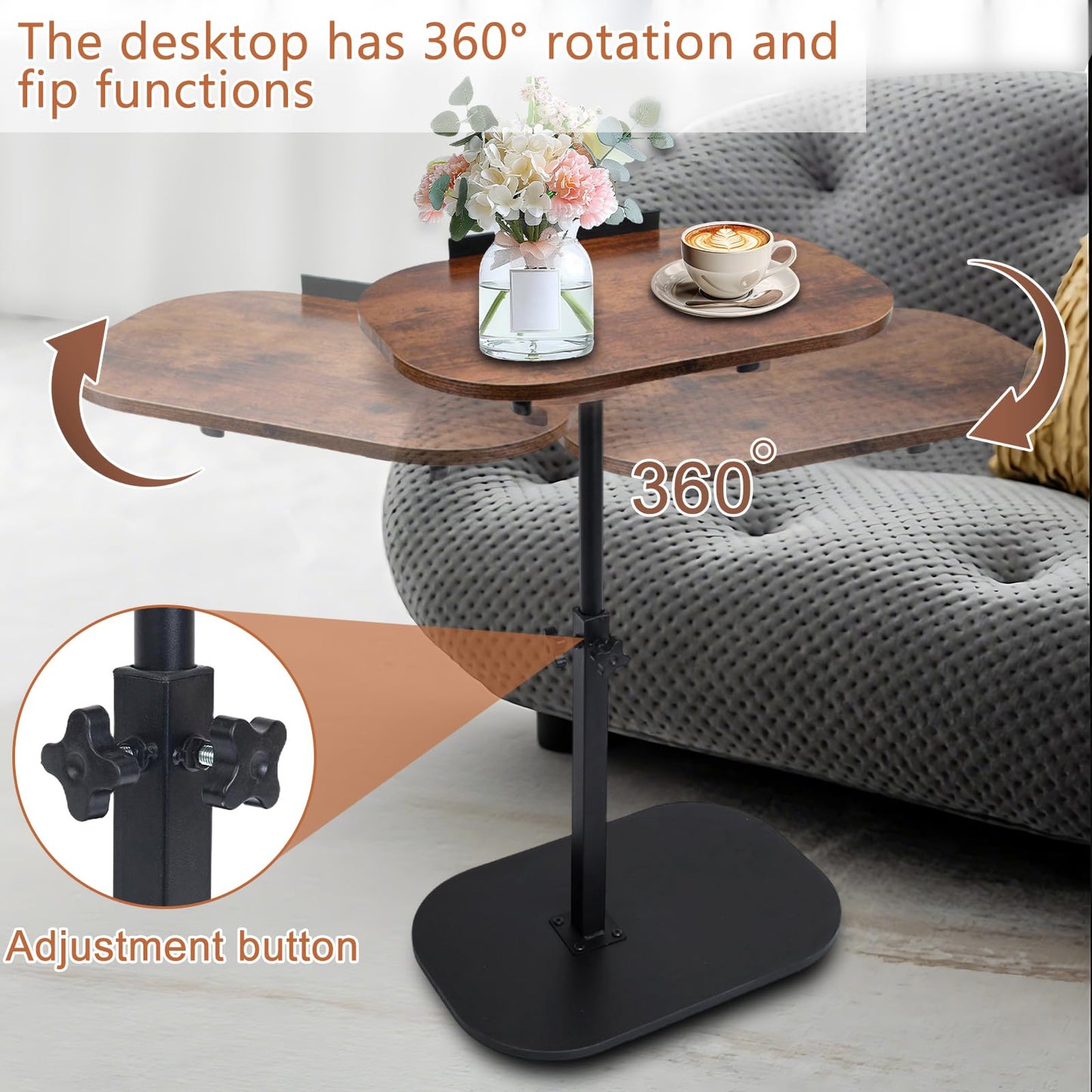 Kiss Me Adjustable Height C-Shape Side Table 360° Swivel Detachable Baffle