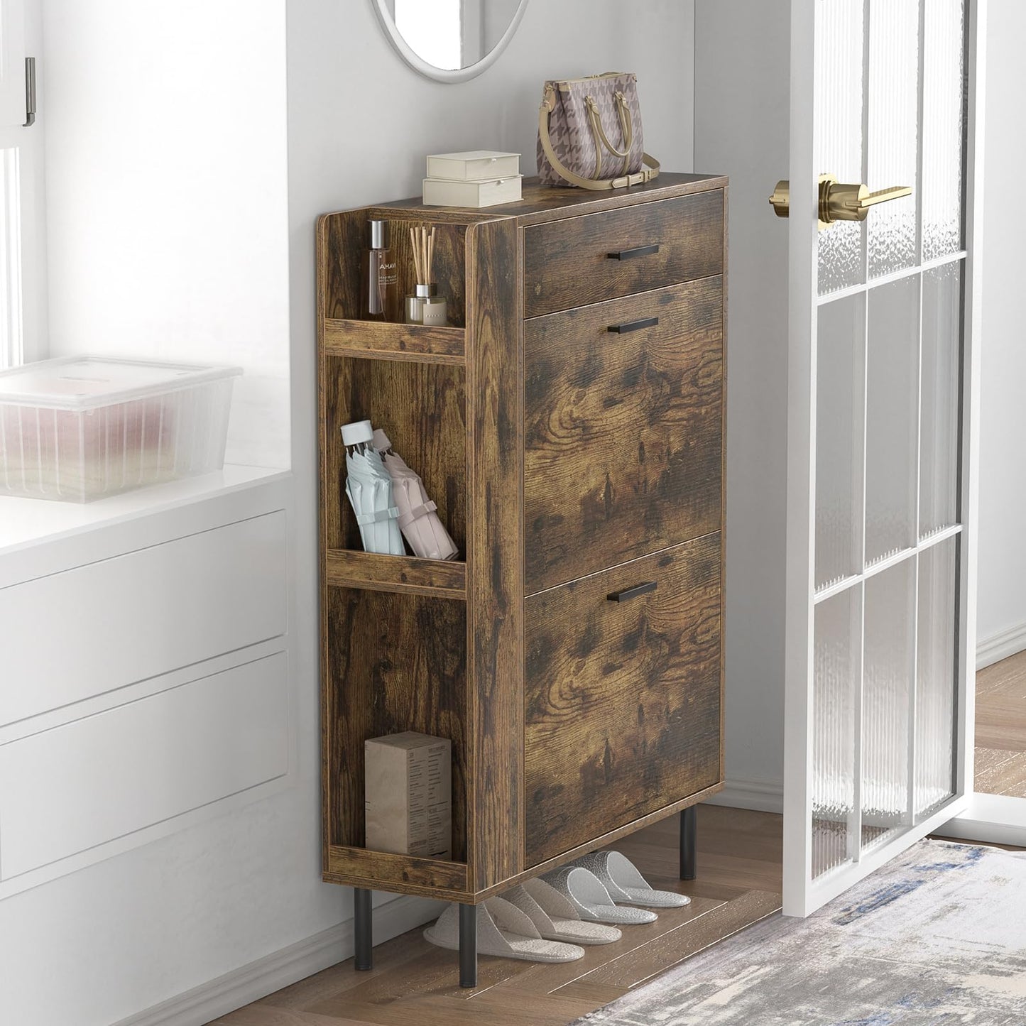 Skokliz Shoe Storage Cabinet, Modern Shoe Cabinet with 2 Flip Hidden Doors and Drawer, Wooden Narrow Shoe Storage with Adjustable Shelves For Hallway
