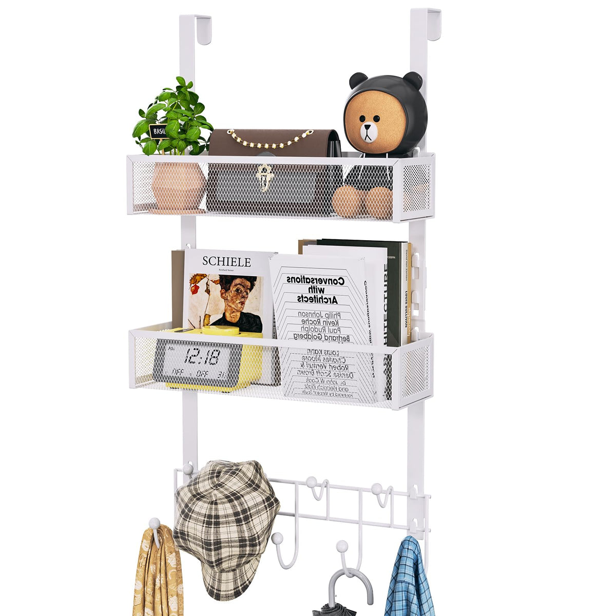HapiRm Over The Door Organizer with 9 Coat Hooks and 2 Baskets, Stainless Steel Rustproof & Waterproof Over The Door Hanger Hooks for Bathroom,