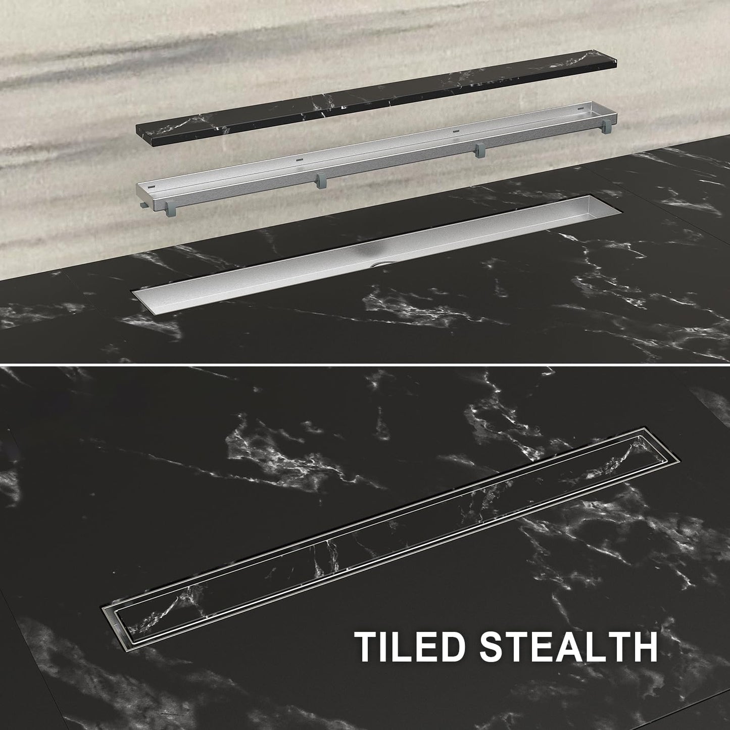 Ibergrif M42001-90 Linear Shower Drain 900mm, 2 in1 Double-sided Tile Insert Stainless Steel Invisible Bathroom Floor Drain Set with Odor Stop and