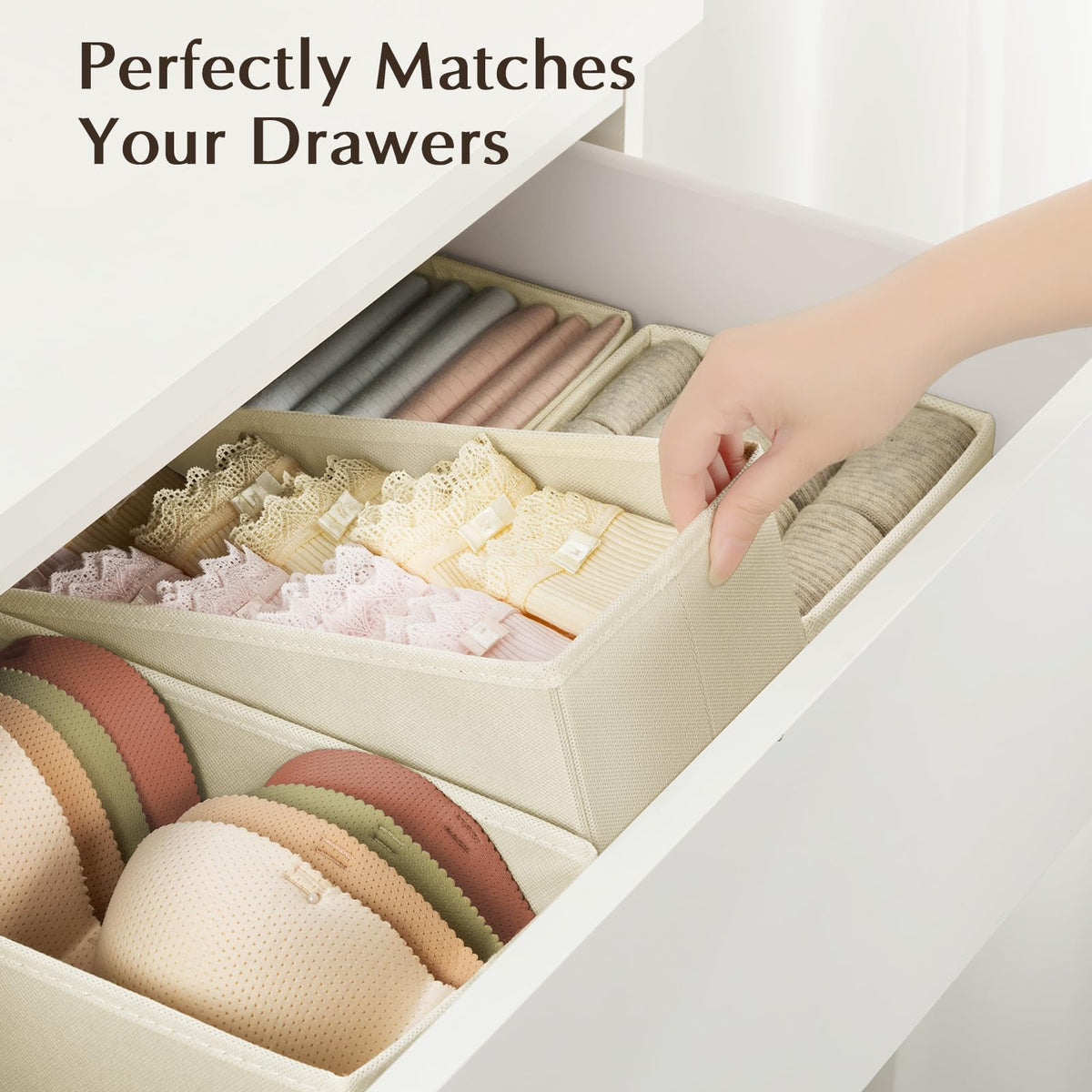 DIMJ Drawer Dividers for Clothes, Bedroom Draw Organisers, Beige, 4 Pack
