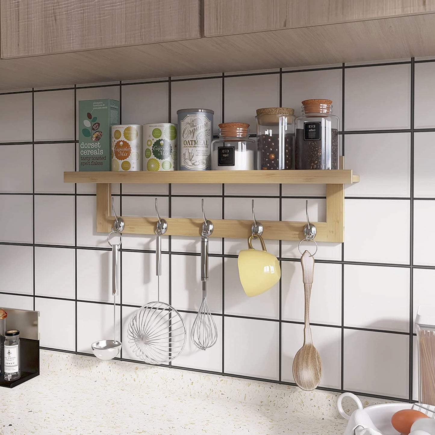 SMIBUY Coat Hooks with Shelf Wall-Mounted, 74 cm Entryway Coat Rack for Wall, Bamboo Hanging Shelf with 5 Double Metal Hooks for Bathroom, Bedroom