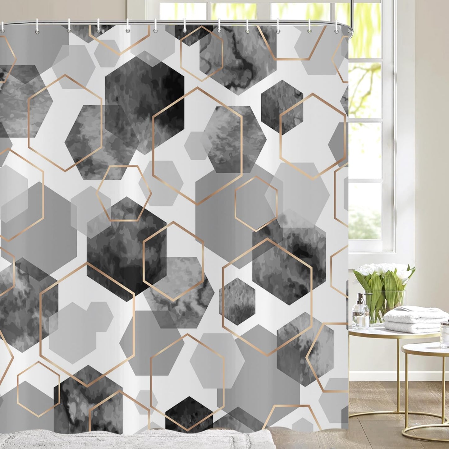 ASDCXZ Gray Duschvorhang 180x200 cm, Modern Abstract Art Geometric Gray Gold Hexagon Pattern Waterproof Bath Curtain Polyester Textile Washable