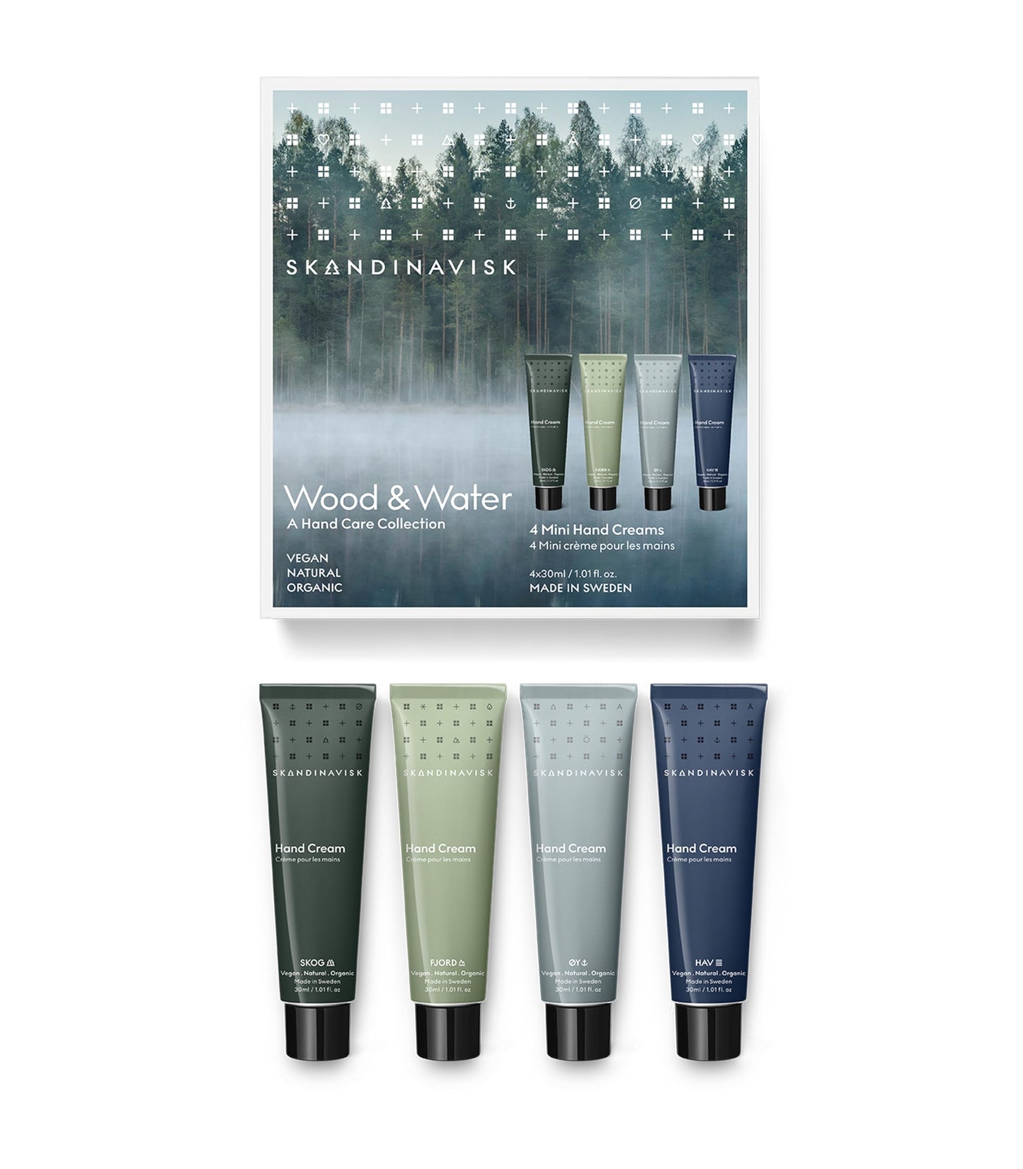 Skandinavisk Wood & Water Giftset of 4 Mini Handcreams. SKOG 'Forest', FJORD, ?Y 'Island' and HAV 'Sea'. Vegan Formula, 30 ml x 4