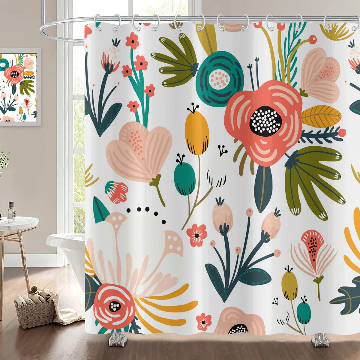 Hnmdmyi Boho Floral Shower Curtain 180x180, Bohemian Flowers Tropical Leaves Colorful Bathroom Curtains Abstract Mid Century Modern Aesthetic Art