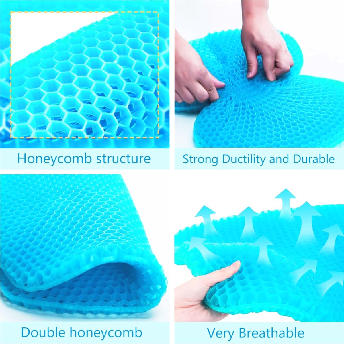 VAIYNWOM Gel Seat Cushion, Honeycomb Breathable Home Office Chair & Car Seat Cushions with Non-Slip Fabric Cover, 45 * 42 * 3cm, Blue