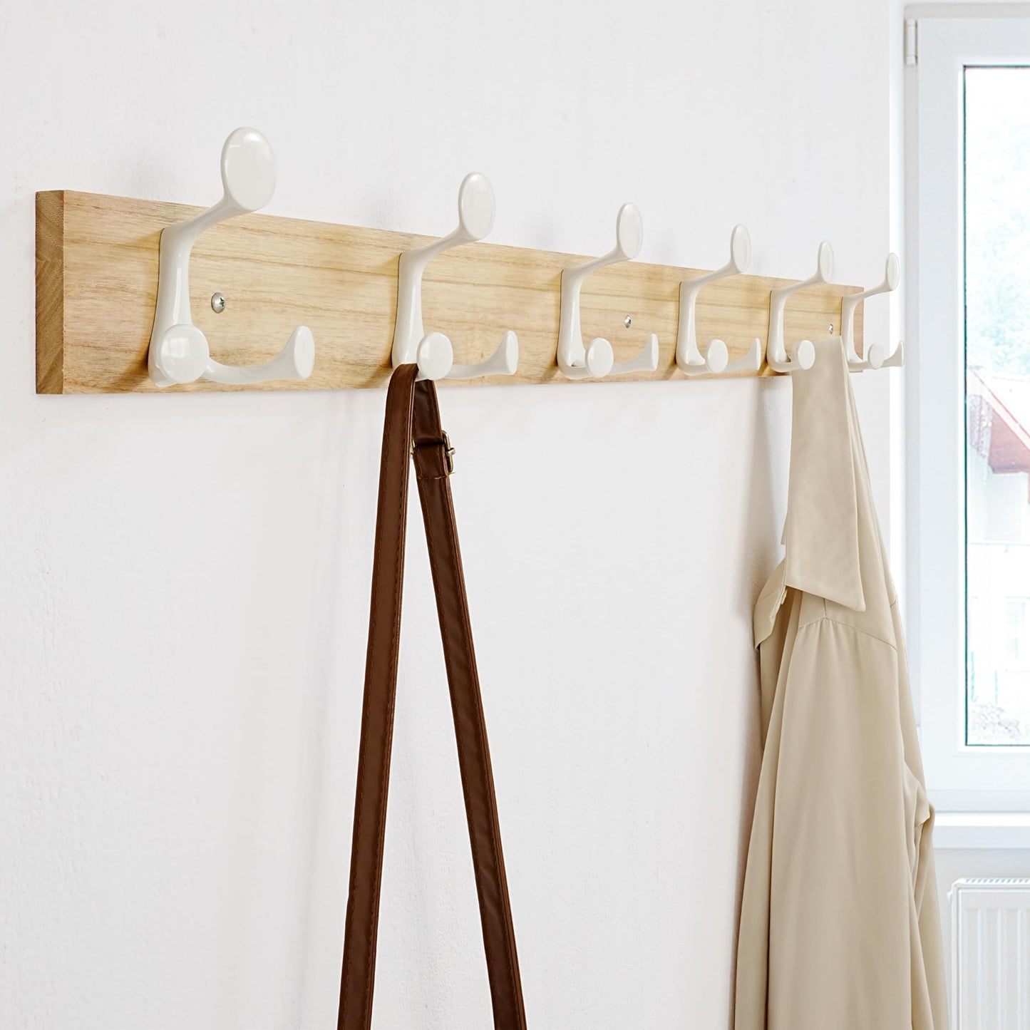 SKOLOO 99cm Natural Wood Coat Rack Wall Mount with 6 Triple Hooks - Ideal for Family Entrances, Classrooms, and Pet Supplies Storage
