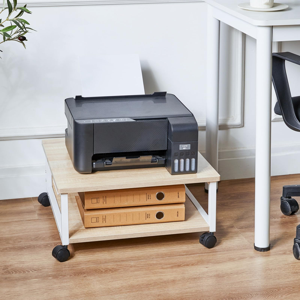 IBUYKE 2 Tier Desktop Printer Stand Cart,Printer Table with Wheels,Desk Heavy Duty Rolling Table with Storage Folders,for Books, Fax Machine