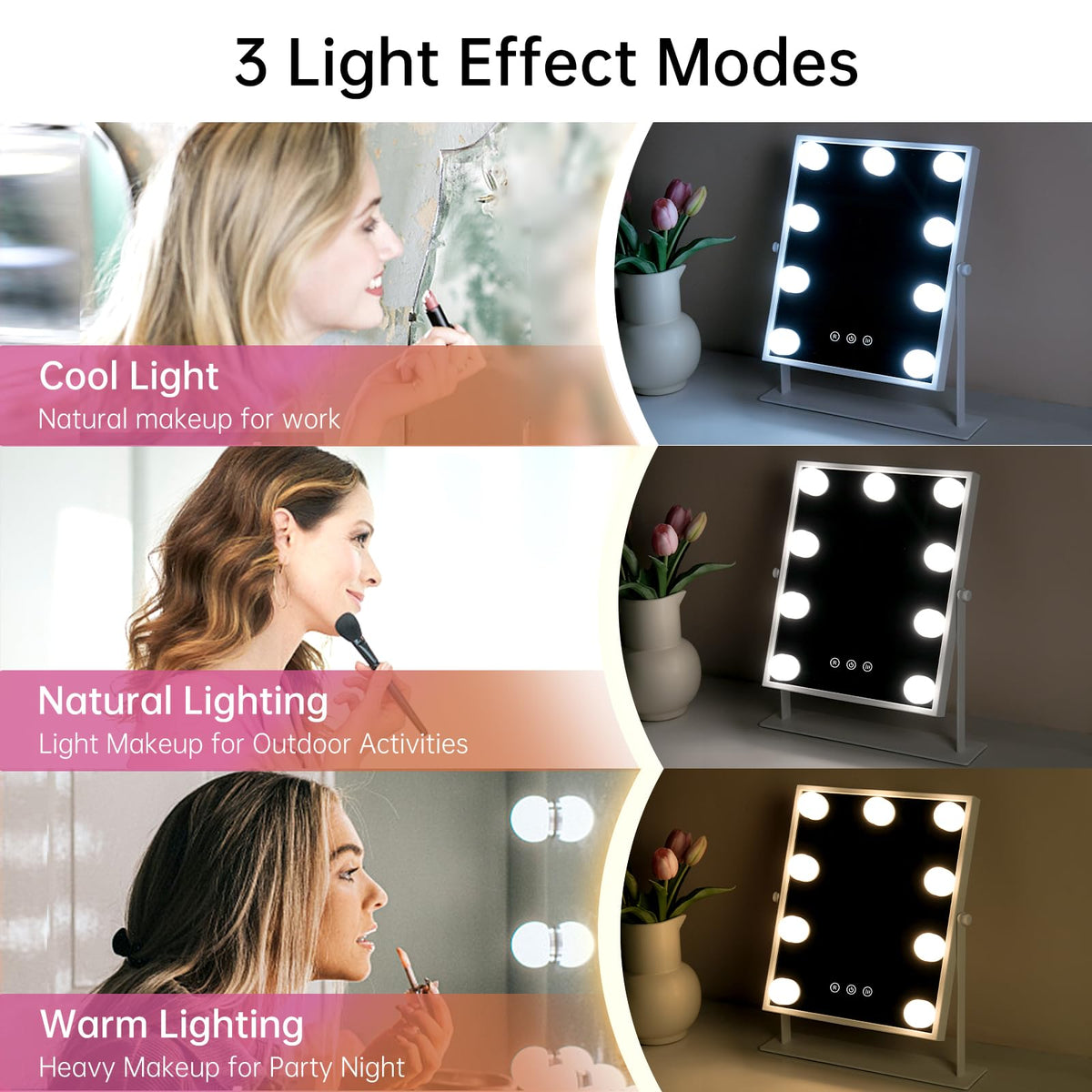 FUNTOUCH Makeup Mirror with Lights, Hollywood Vanity Mirror with 3 Colors Lighting Modes, Touch Control, 360Ratation, Dimmable 9 LED Bulbs Lighted