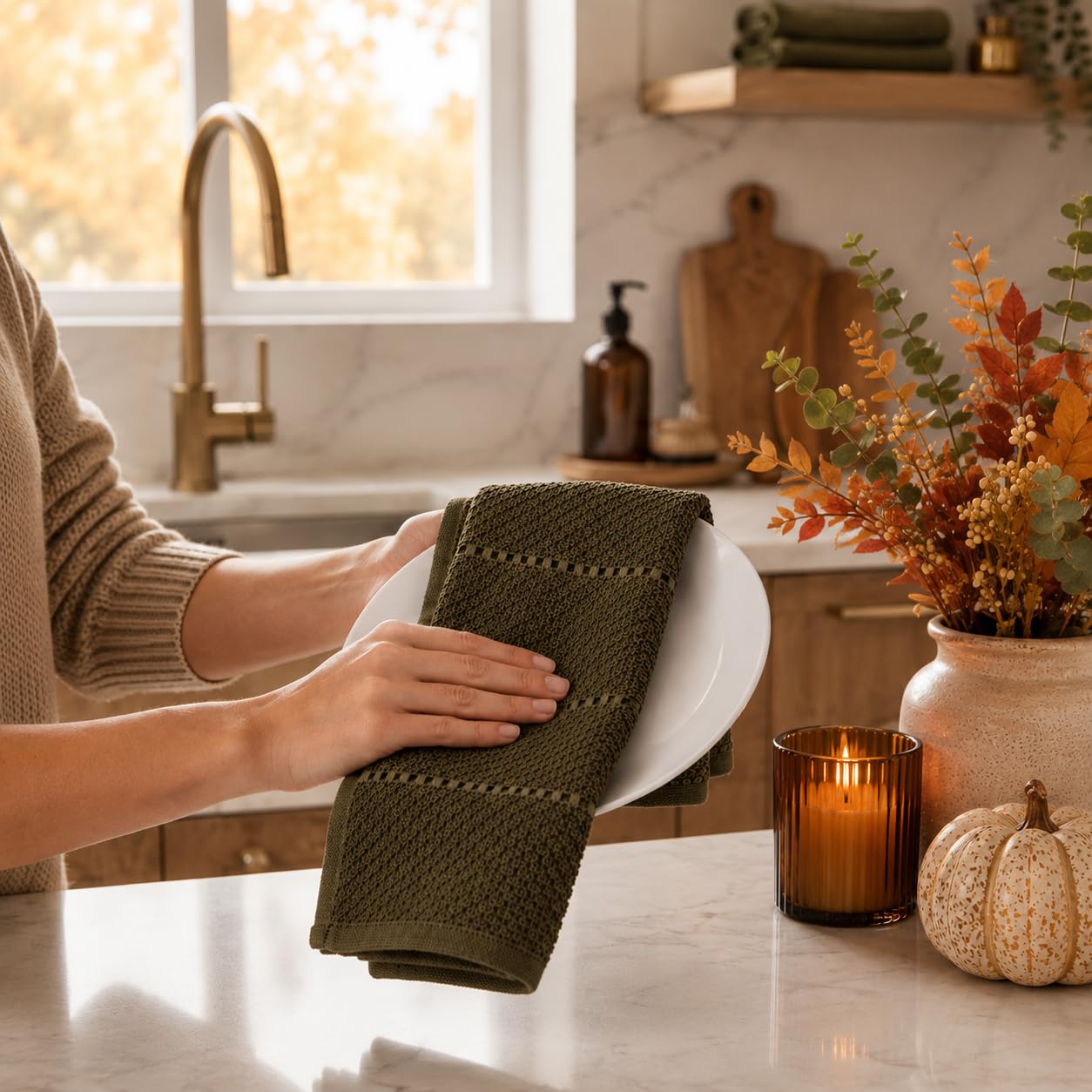 Olive Green Kitchen Hand Dish Towels: Oversized 28" x 18",100% Cotton Cloth Soft Cleaning Drying Absorbent Ribbed Design