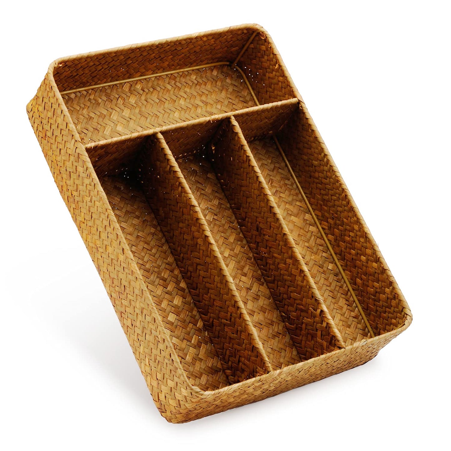 DECRAFTS Seagrass Storage Basket with Compartments Utensil Tray for Organization Silverware Flatware Rectangular Shelf Baskets with 4 Sections Natural