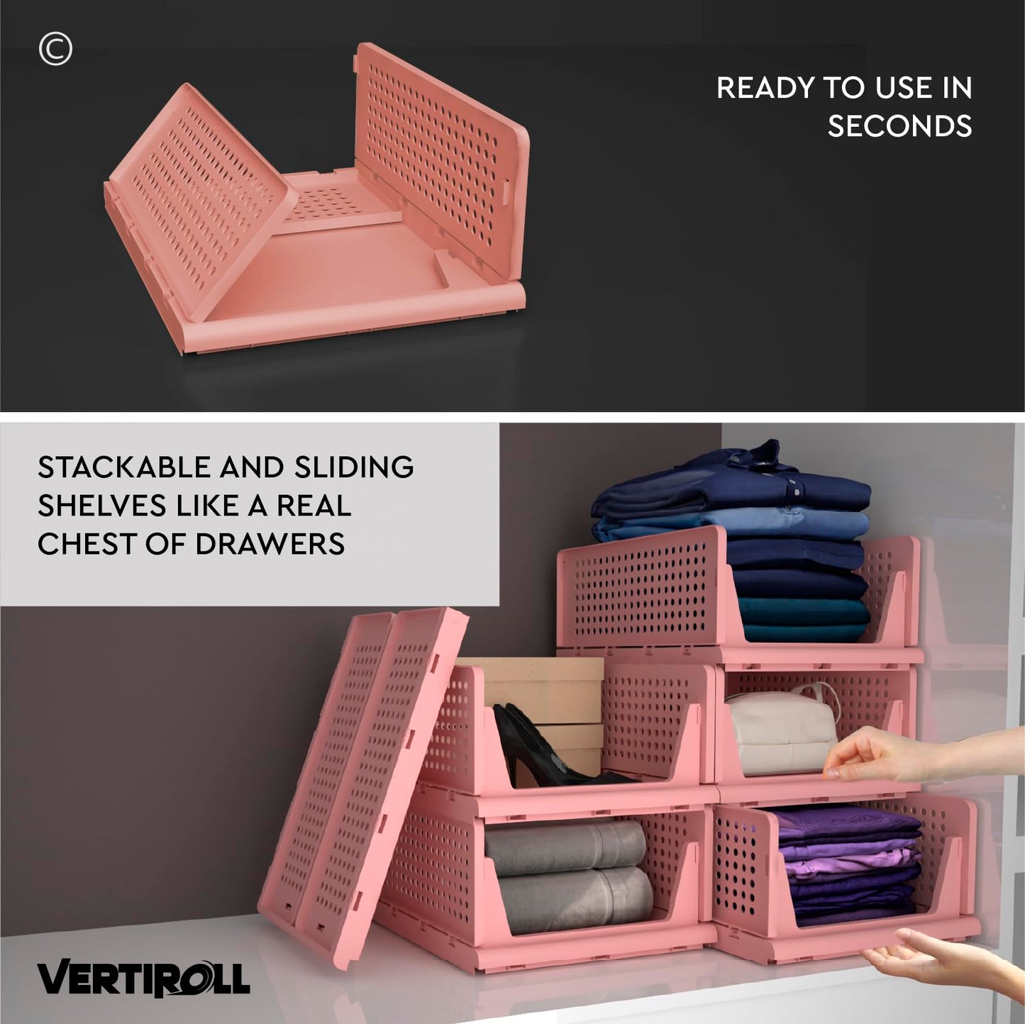 VertiRoll 4 Stackable Sliding Drawers Wardrobe Storage Organizer Plastic Box Pink Color for Home Kitchen Bathroom and Office Easy to Assemble