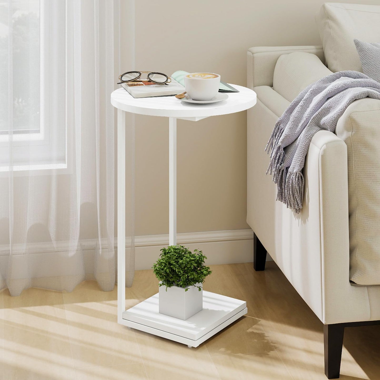 HDANI C-Shaped Side Table,Round End Table under Sofa,Bedside Table,Sofa Side Table with Metal Frame,Small Coffee Snack Table for Living Room, Bedroom