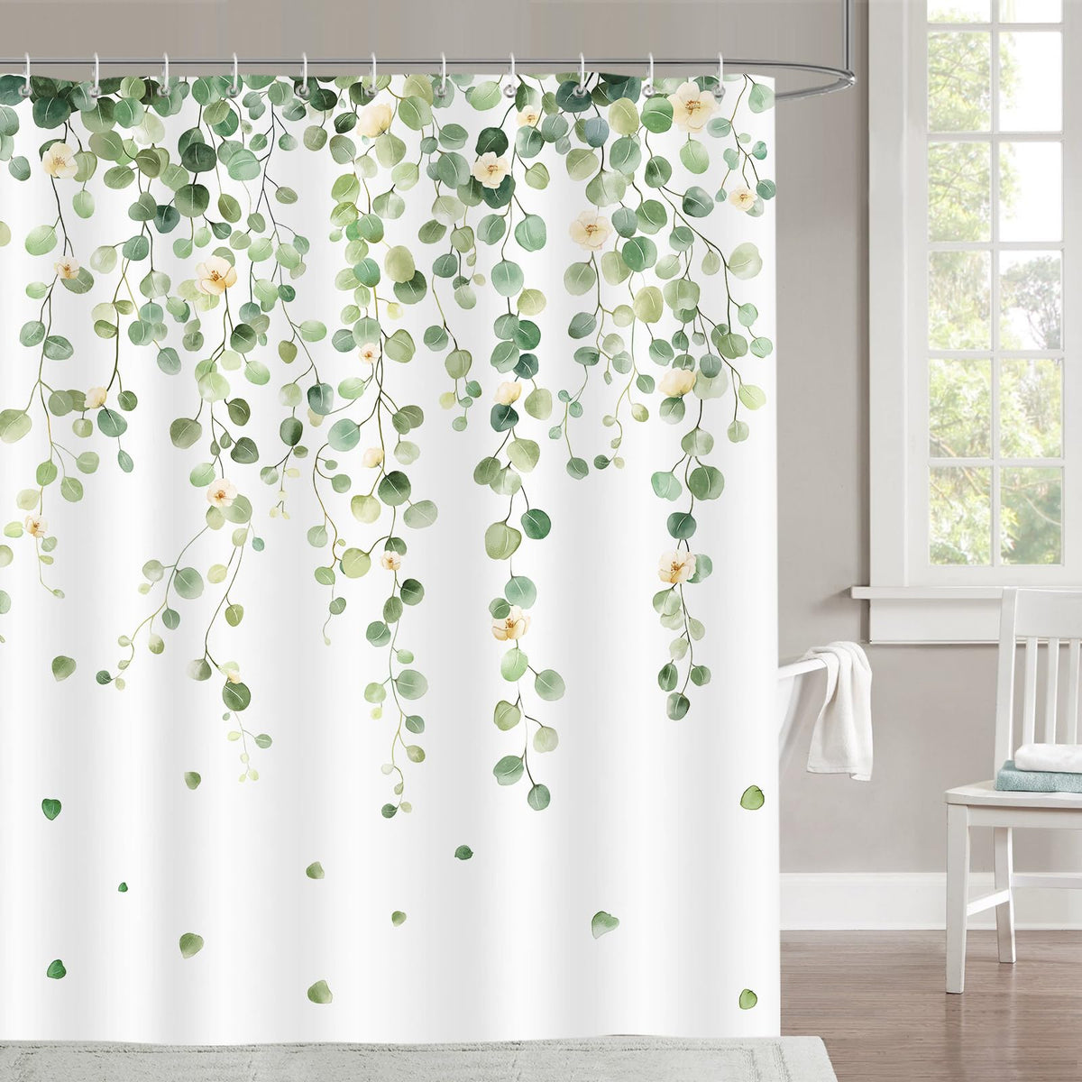 Dazzlewall Sage Green Leaves Shower Curtain, Eucalyptus Plants Botanical Bathroom Curtain 180x180cm, Waterproof Mould Resistant Polyester Fabric for