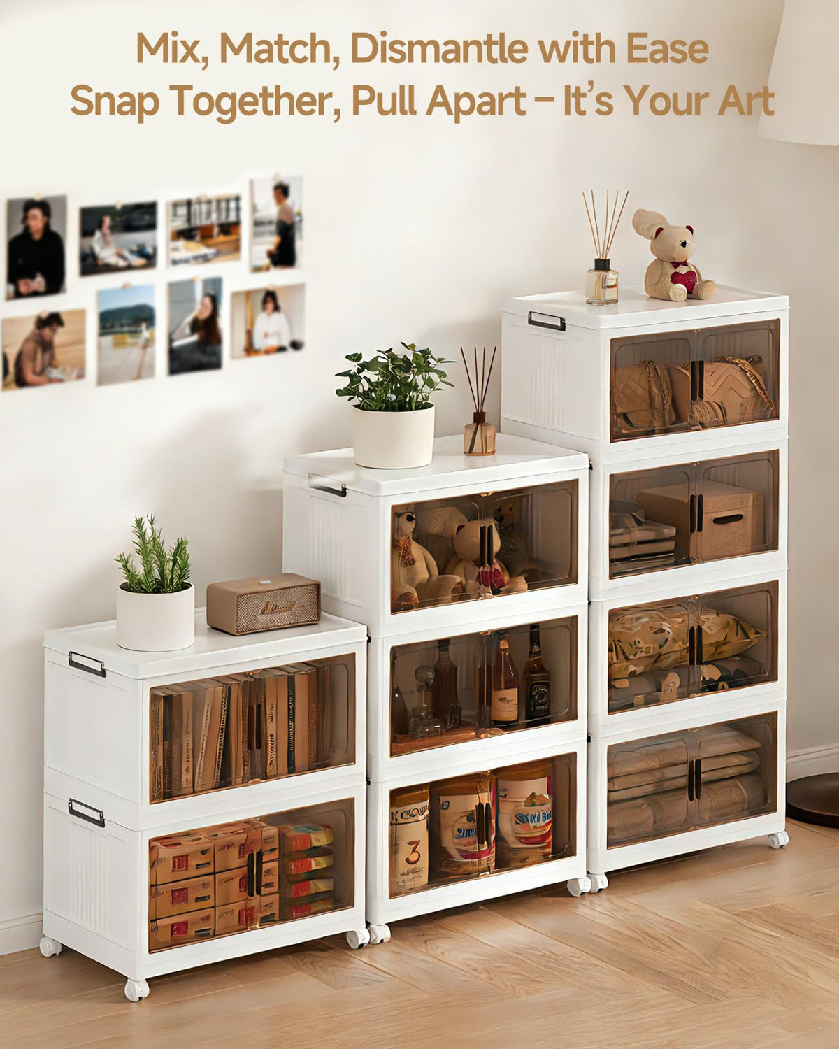 Asnews 3-Tier Storage Boxes with Lid, 26L Stackable Storage Bins with Wheels and Doors