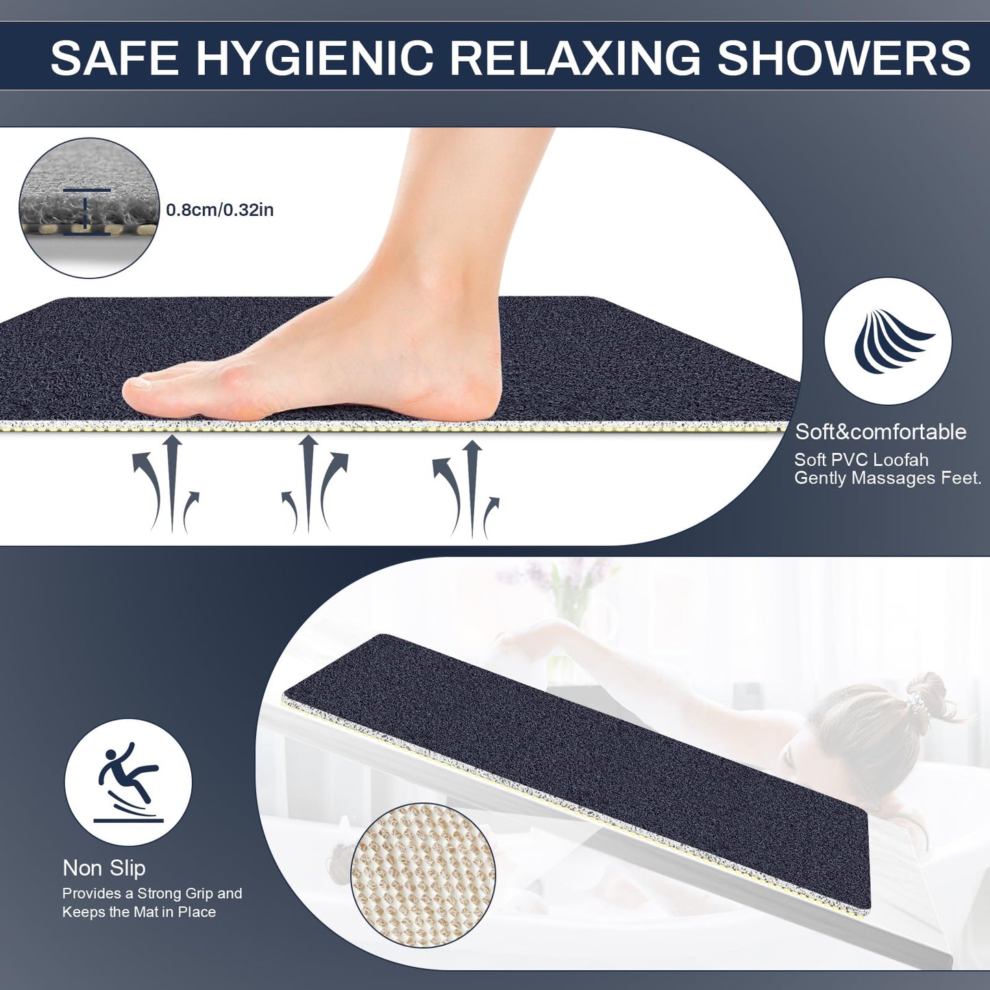 BLESWIN Shower Mat Non Slip 40x80CM, Anti Mould Shower Quick Dry Mats with Drain Hole, Large Antibacterial PVC Bath Mat for Inside Shower