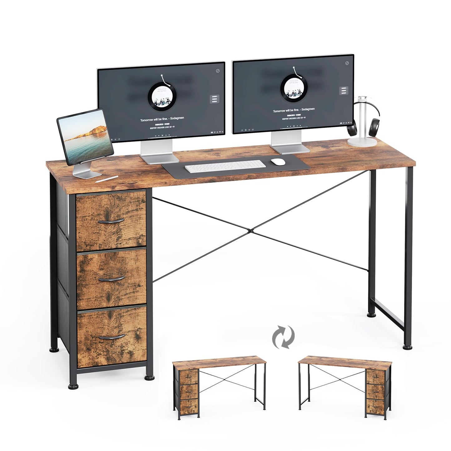 KitMent 120cm Wide Desk, Small Computer Desk with 3 Drawers, Home Office Desk with Adjustable Feet and Sturdy Frame