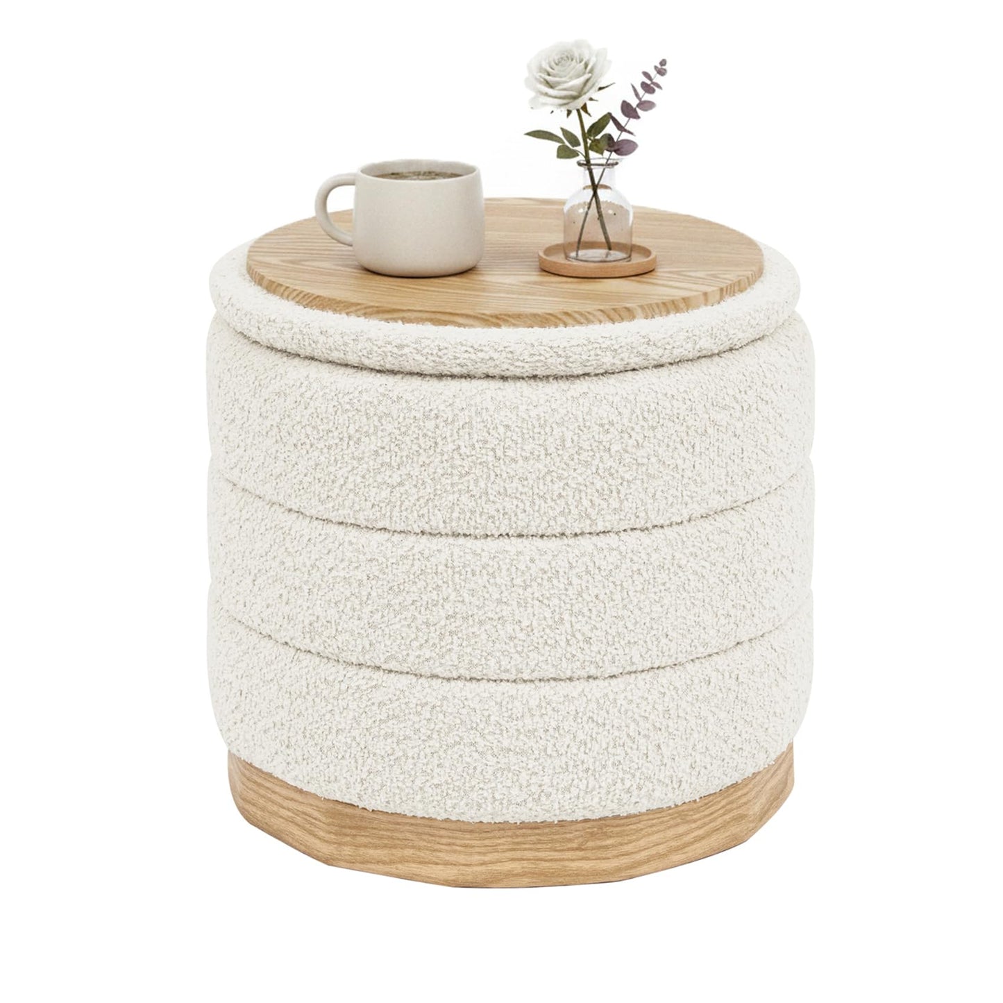 Bonlife Round Chenille Storage Ottoman, Folding Footstool with Table Top, 39X39X37cm, Load Capacity 120kg