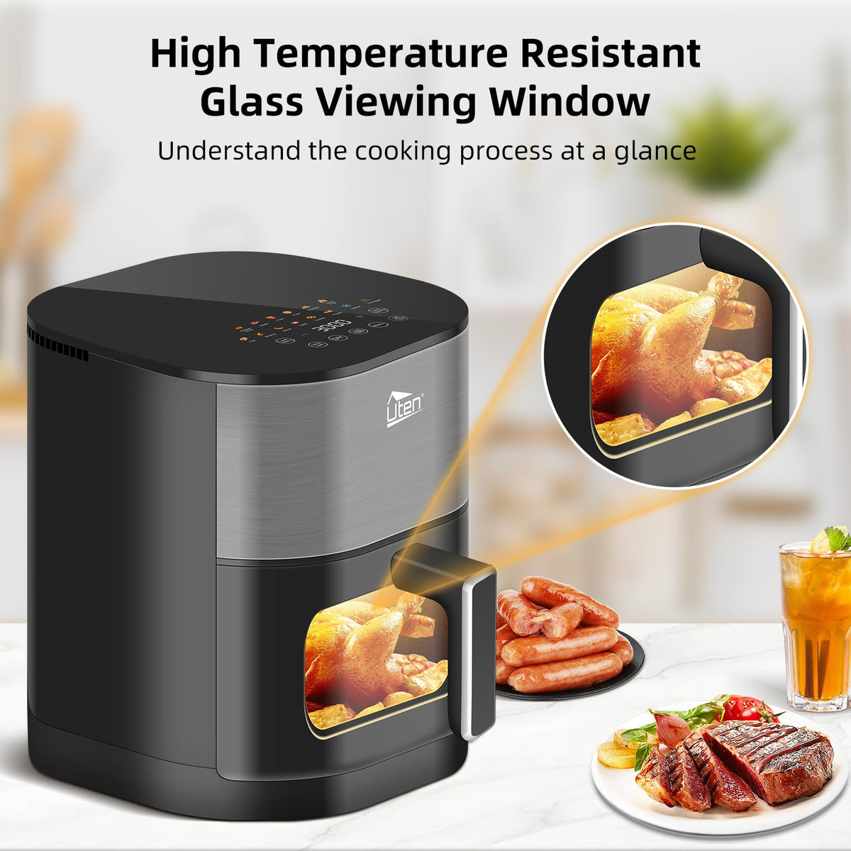 Uten Dual Blaze Air Fryer 5.5L Visual Window, Color Screen, 14 Pre Menus, Delayed Start, Stainless Oil Net, 2 Fast Heaters Independently Controllable,