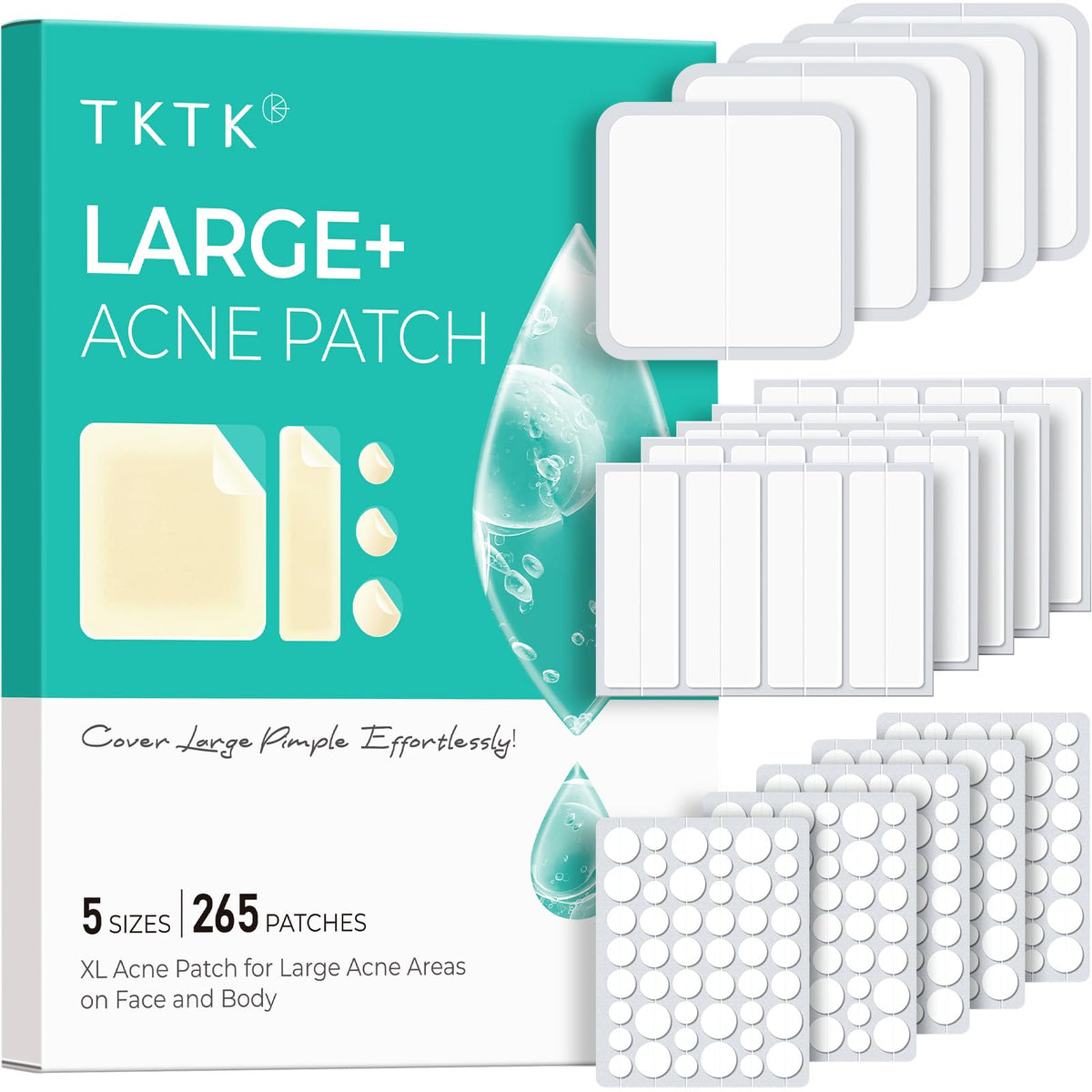 TKTK Large Pimple Patches, 60 mm XL Acne Patches, Big Hydrocolloid Bandages for Body, Face, Forhead, Chin, Neck Zit Breakouts, Hydrocolloid Patch