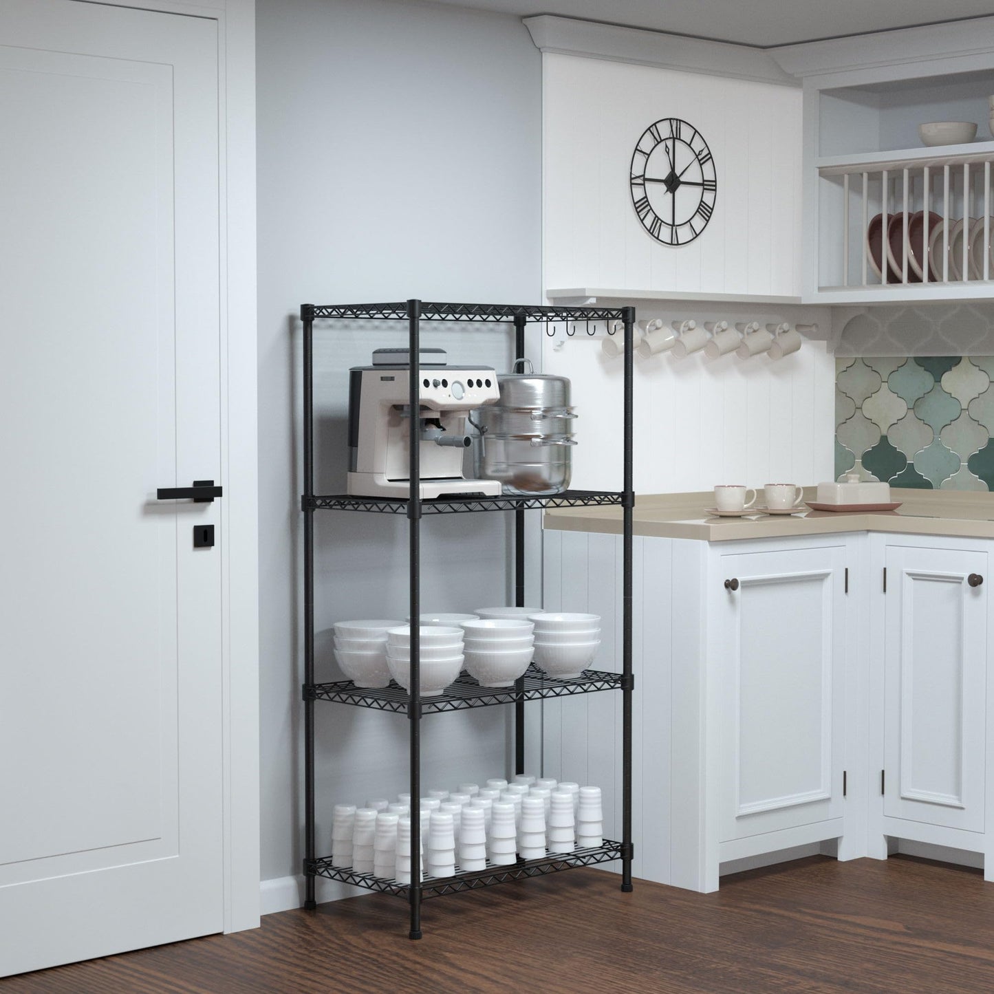 WORKPRO 4-Tier Metal Shelving Unit with 4 Hooks | Height Adjustable Storage Unit with Leveling Feet | Free Standing Shelf Units - 272KG Max-Weight |