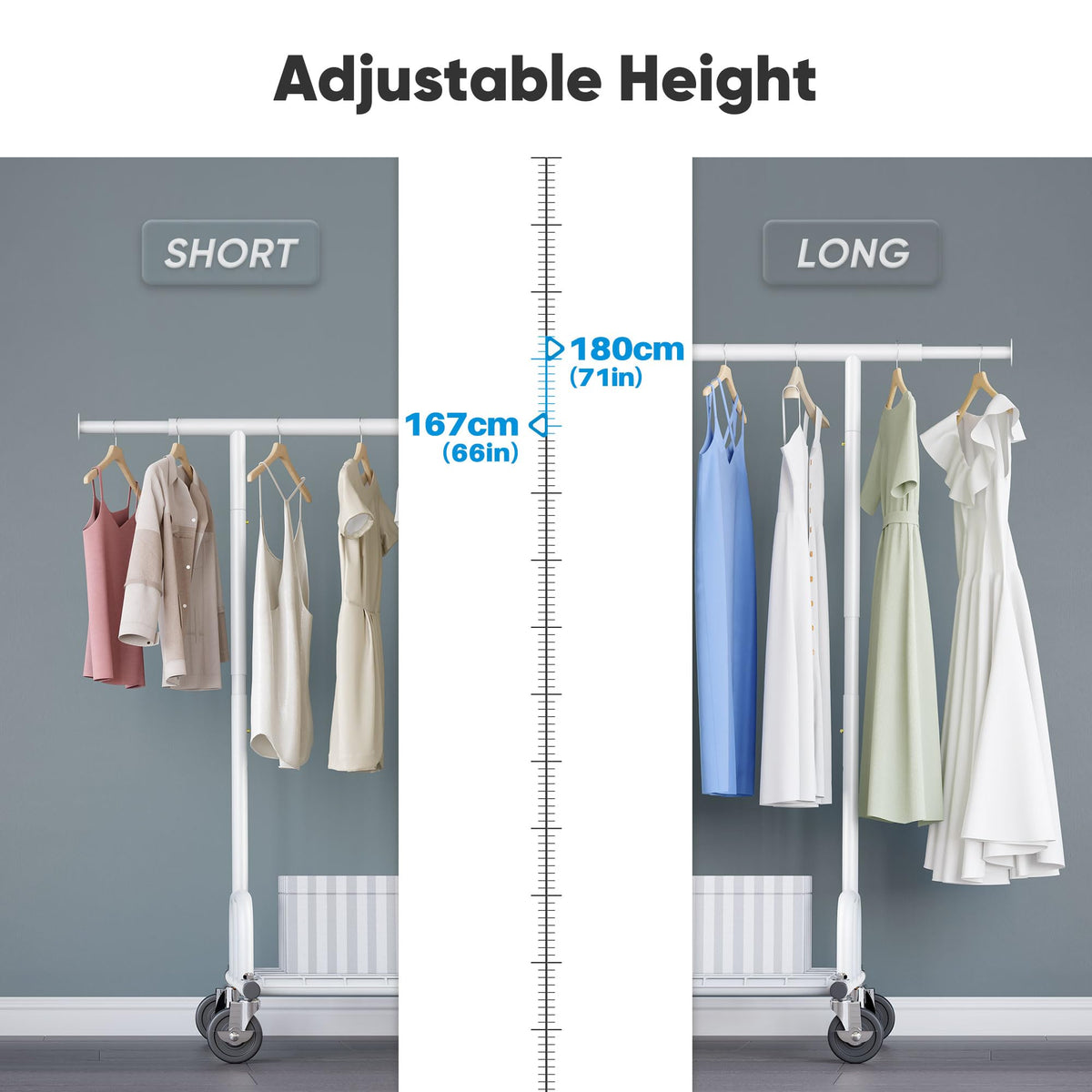 HOKEEPER Heavy Duty Clothes Rail 238kg (525lbs) Capacity, Extendable Hanging Rack with Lockable Wheels & Shelves, Space Saving for Bedroom, Apartment