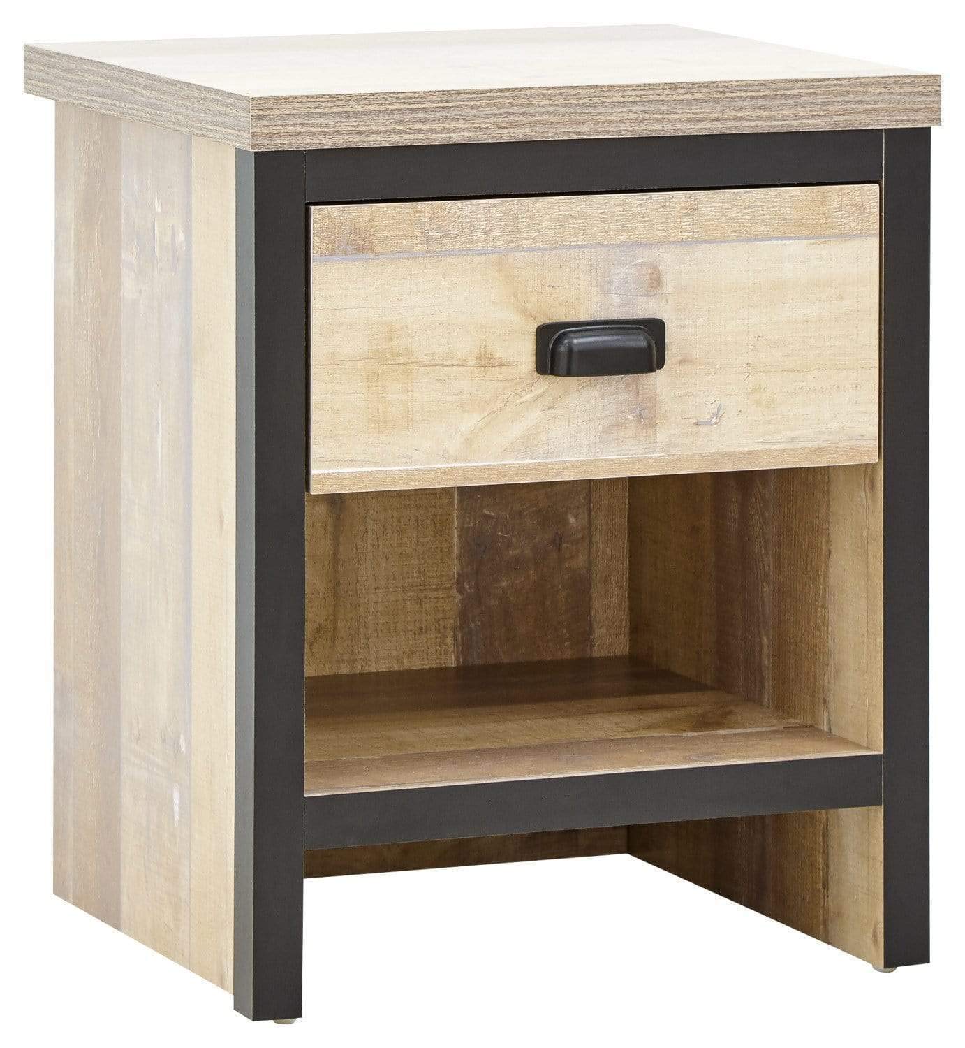 GFW Boston Lamp Table with Drawer, Industrial Side Table with Black Metal Handle, Oak Effect Finish and Contrasting Frame, Living Room End Table